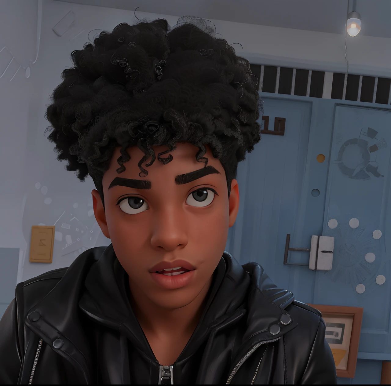 There's a boy in a black jacket and a black jacket, Adolescente negro, um homem negro com longos cabelos cacheados, Riyahd Cassiem, com afro, curls on top of his head, Sem estilo Tyler Mitchell, afro encaracolado, Adrien Girod, Retrato A 1 5 - ano - menino de idade, taken in the early 2020s