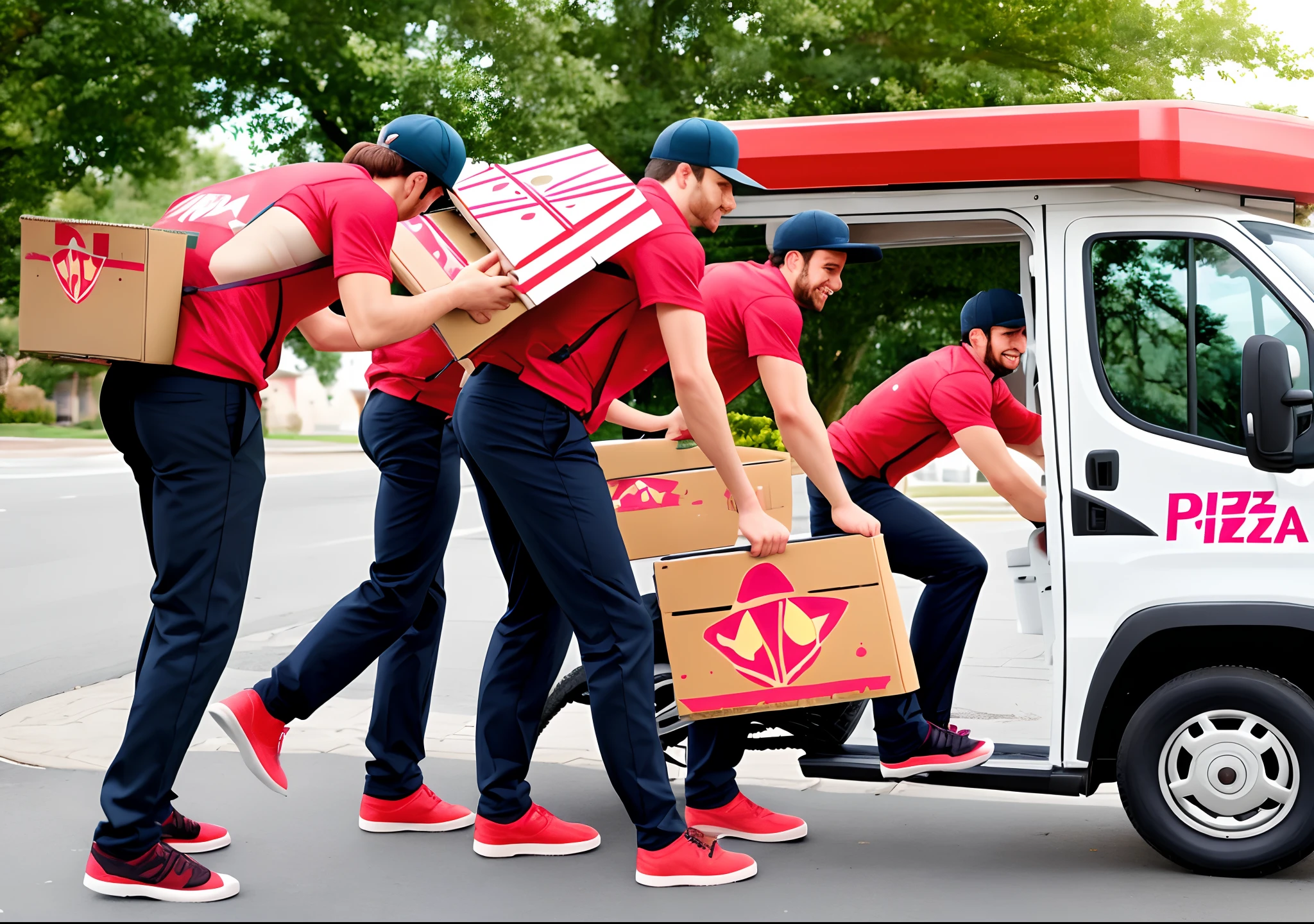 Feminine men delivering pizza
