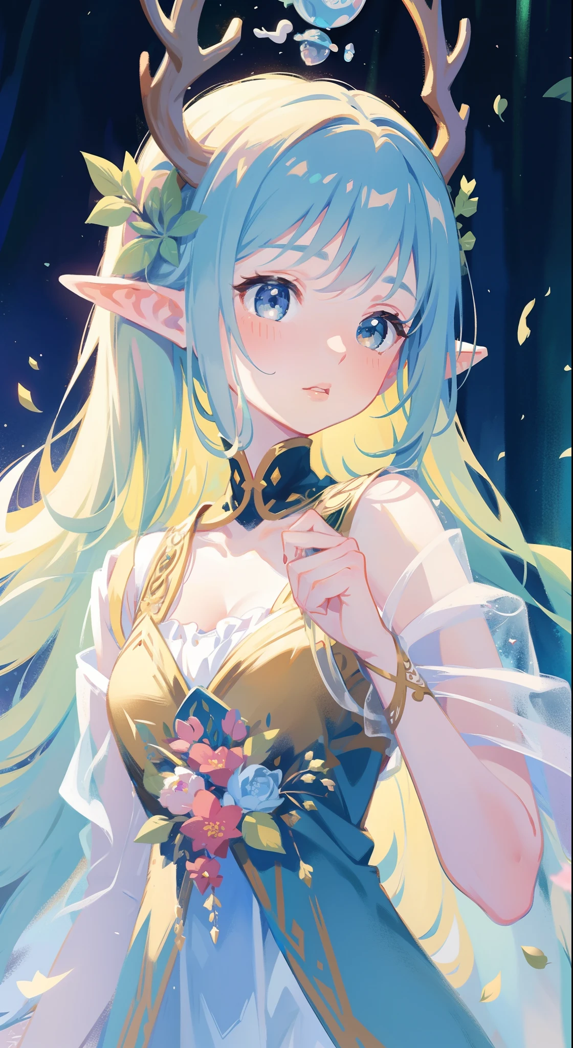 high high quality,masterpiece,Delicate facial features,Delicate hair,Delicate eyes,Delicate hair,animemanga girl,deer antlers,Black color hair,florals, Dreamy style, Fantastic flower garden,fantasy style clothing,Romantic dress, beautiful and elegant elf queen, a beautiful fantasy empress, Fantasy art style, ((a beautiful fantasy empress)), Anime fantasy illustration, high priestess, fey queen of the summer forest, anime art nouveau, goddess of the forest, portrait of an elf queen, A beautiful artwork illustration,8K high quality detailed art(Delicate facial portrayal)(Fine hair depiction)(highest quality)(Master masterpieces)(High degree of completion)(a sense of atmosphere)8k wallpaper,tmasterpiece,Best quality at best,ultra - detailed