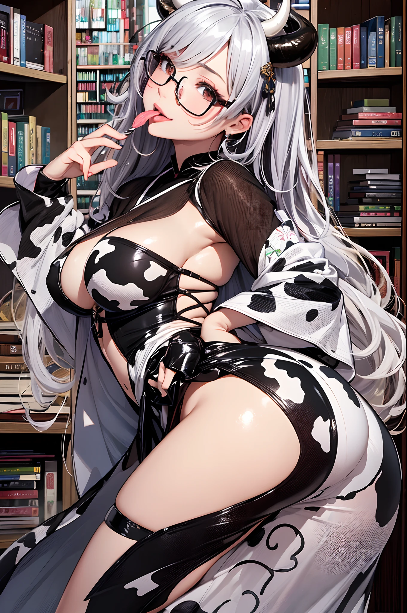 16K Ultra High Definition
Super detailed
Masterpiece Full Color
Shiny detailed hair
Beautiful human woman with long hair
Super big beautiful armpits super big ass
Black and white cow print kimono
Cow ears and cow small horns
Shiny skin
Red cheeks
Moist eyes and embarrassed expression
Wearing glasses
Leaning against the bookshelf、tongue、Seduce with a bewitching smile
The background is the library