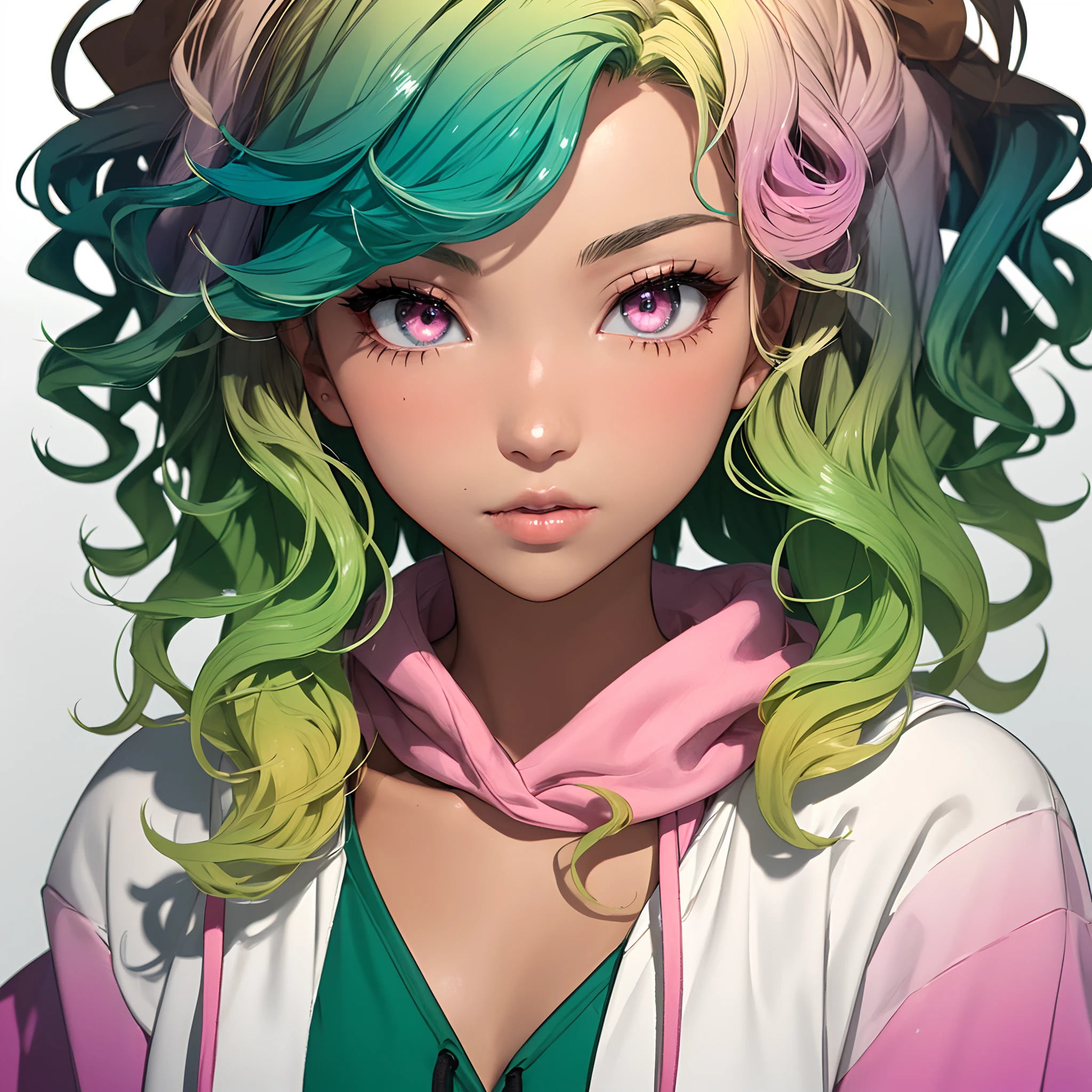 1girl, 独奏, solo focus, cowboy shot, portrait, Large Hoodie, Green and white Aqua Hoodie, Half Aqua, Half Green, ((brown-haired)), (Yellow hair), (gradient hair :1.5), Curly Hair, ((pink eyes)), Overly detailed eyes, tan, (Caramel dark skin:1.1), Best Quality, A highly detailed, whitebackground, simple backround