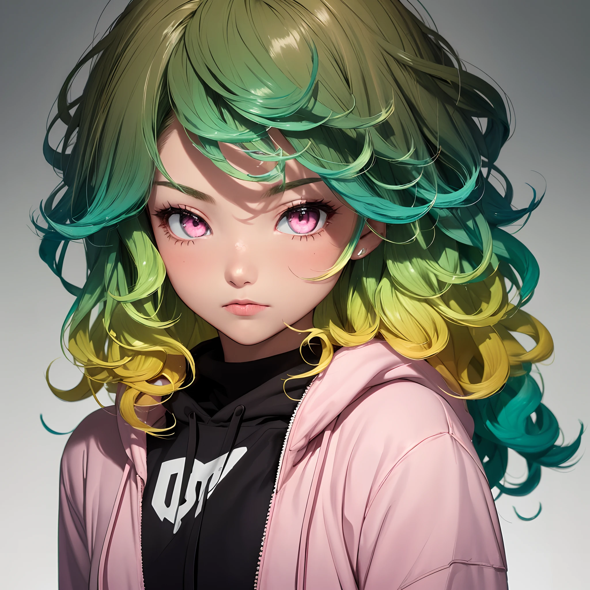 1girl, 独奏, solo focus, cowboy shot, portrait, Large Hoodie, Green and white Aqua Hoodie, Half Aqua, Half Green, ((brown-haired)), (Yellow hair), (gradient hair :1.5), Curly Hair, ((pink eyes)), Overly detailed eyes, tan, (Caramel dark skin:1.1), Best Quality, A highly detailed, whitebackground, simple backround