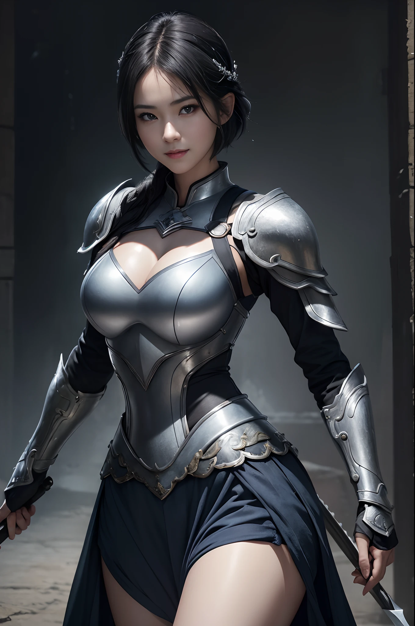 (8k、photoRealstic、RAW Photography、Top image quality:1.4)、(1 girl in)、Super Beautiful Girl Swordsman、(lifelike face)、(boyish、Silver Color Berry Shorthair)、Big chest blue and black chest armor、Blue and black trousers,Blue leg armor,With a large spear,Glare that captivates the viewer、beautiful expression、large full breasts、(real looking skin)、beautiful smiling face、(soldier)、seductiv、超A high resolution、A hyper-realistic、hight resolution、spoiled