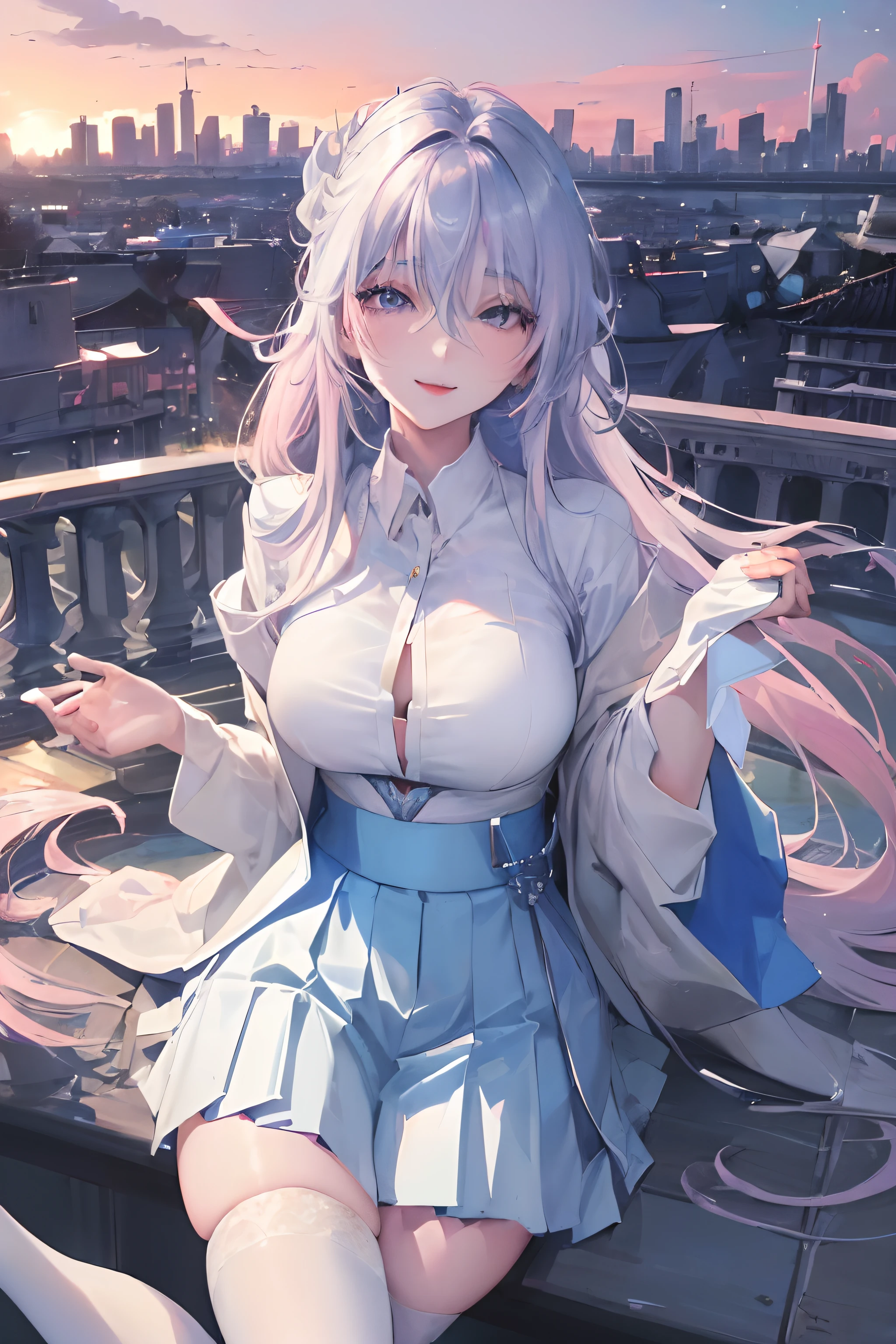 official art, masterpiece, sharp focus, (beautiful gorgeous cute Korean woman:1.3), (beautiful cute korean:1.3), korean beauty, Delicate and beautiful hair and eyes and face, realistic, ultra detailed, beautiful girl, blue sky, glow white particle, (sidelighting:1.2), sun light, white cloud, detailed clouds, slender, Lovely very large breasts and very large hips, smile with teeth, ((smile with eyes, open both eyes)), scenery, long straight hair, sexy facial expression, building, (cityscape:1.7), dynamic hair, long straight hair, detailed platinum pink hair, glow blue eyes, (blue pleated shirts + white skirt), white long socks, pale skin, hair ornament, epic scenery,