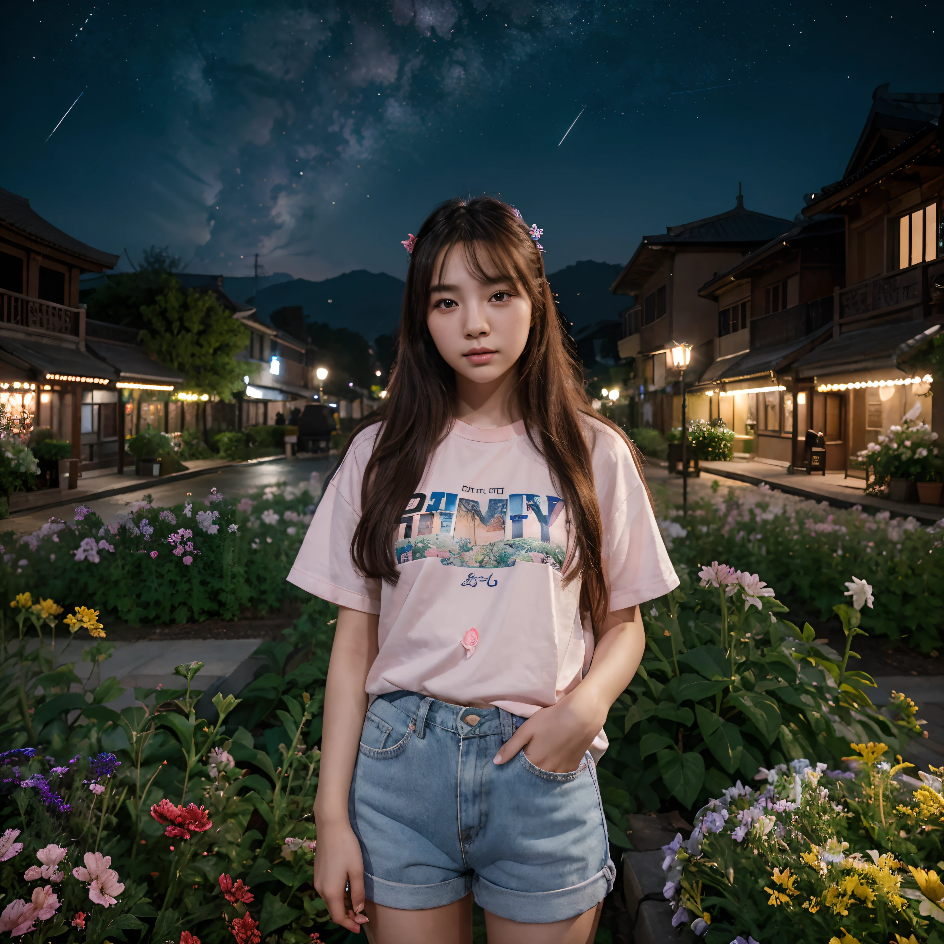 "best quality, high_resolution, distinct_image, detailed background, girl, flower, garden, starry sky, colorful scenery, dreamy atmosphere, vibrant colors, soft lighting" korean girl 25 years old street wear style