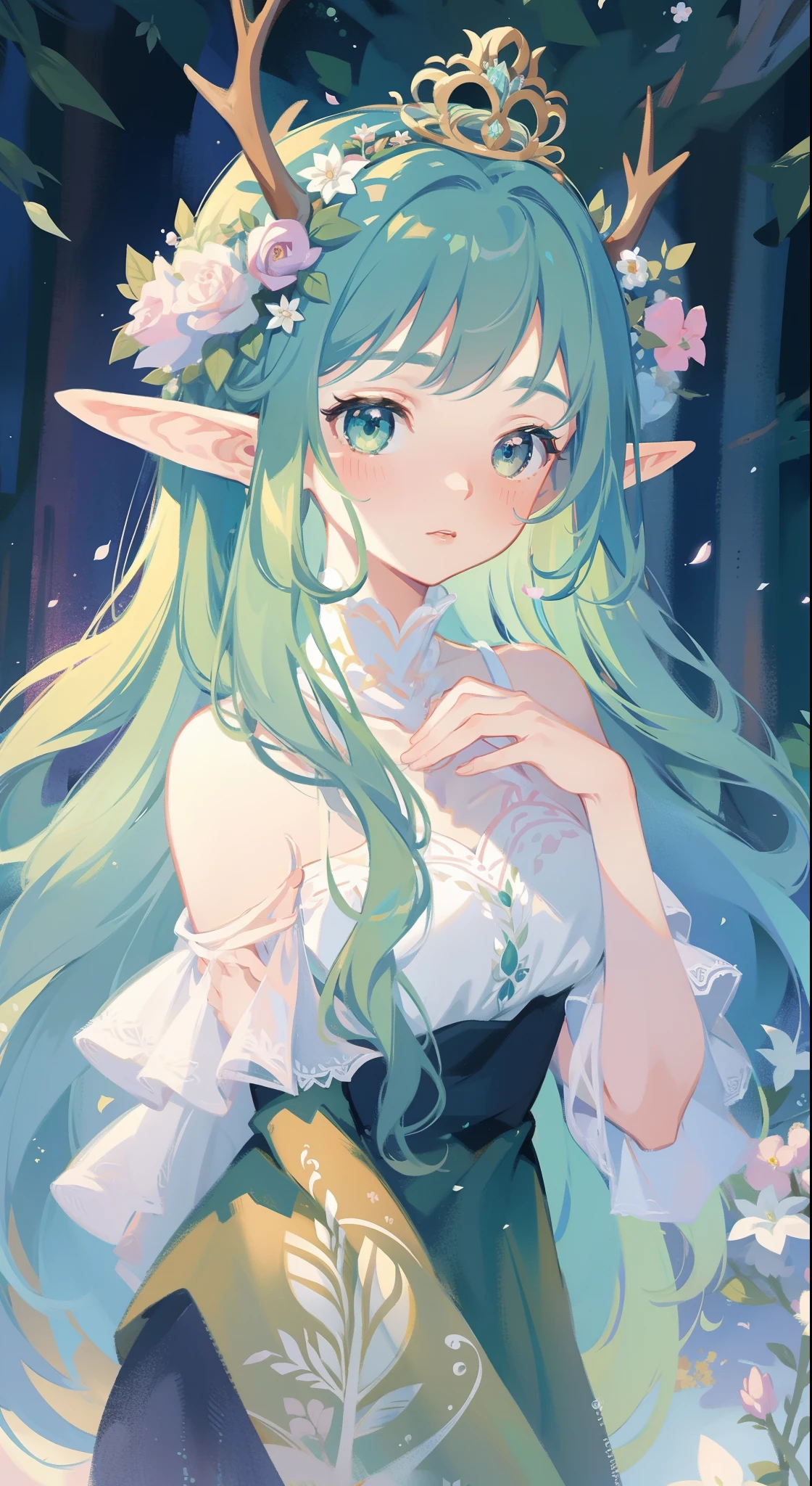 high high quality,masterpiece,Delicate facial features,Delicate hair,Delicate eyes,Delicate hair,animemanga girl,deer antlers,Black color hair,florals, Dreamy style, Fantastic flower garden,fantasy style clothing,Romantic dress, beautiful and elegant elf queen, a beautiful fantasy empress, Fantasy art style, ((a beautiful fantasy empress)), Anime fantasy illustration, high priestess, fey queen of the summer forest, anime art nouveau, goddess of the forest, portrait of an elf queen, A beautiful artwork illustration,8K high quality detailed art(Delicate facial portrayal)(Fine hair depiction)(highest quality)(Master masterpieces)(High degree of completion)(a sense of atmosphere)8k wallpaper,tmasterpiece,Best quality at best,ultra - detailed