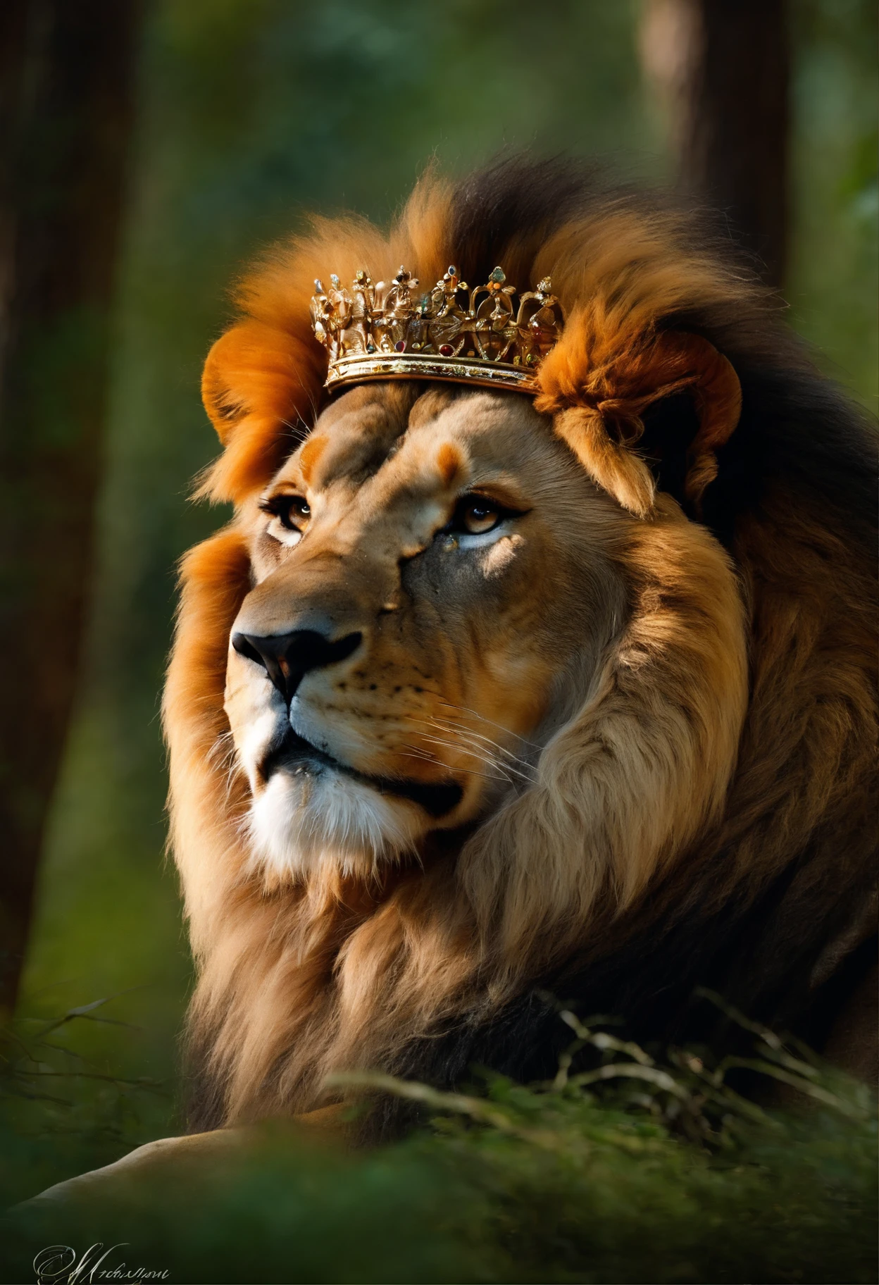Lion of the tribe of Judah he stands in a beautiful forest, wore a beautiful crown with gold and precious stones