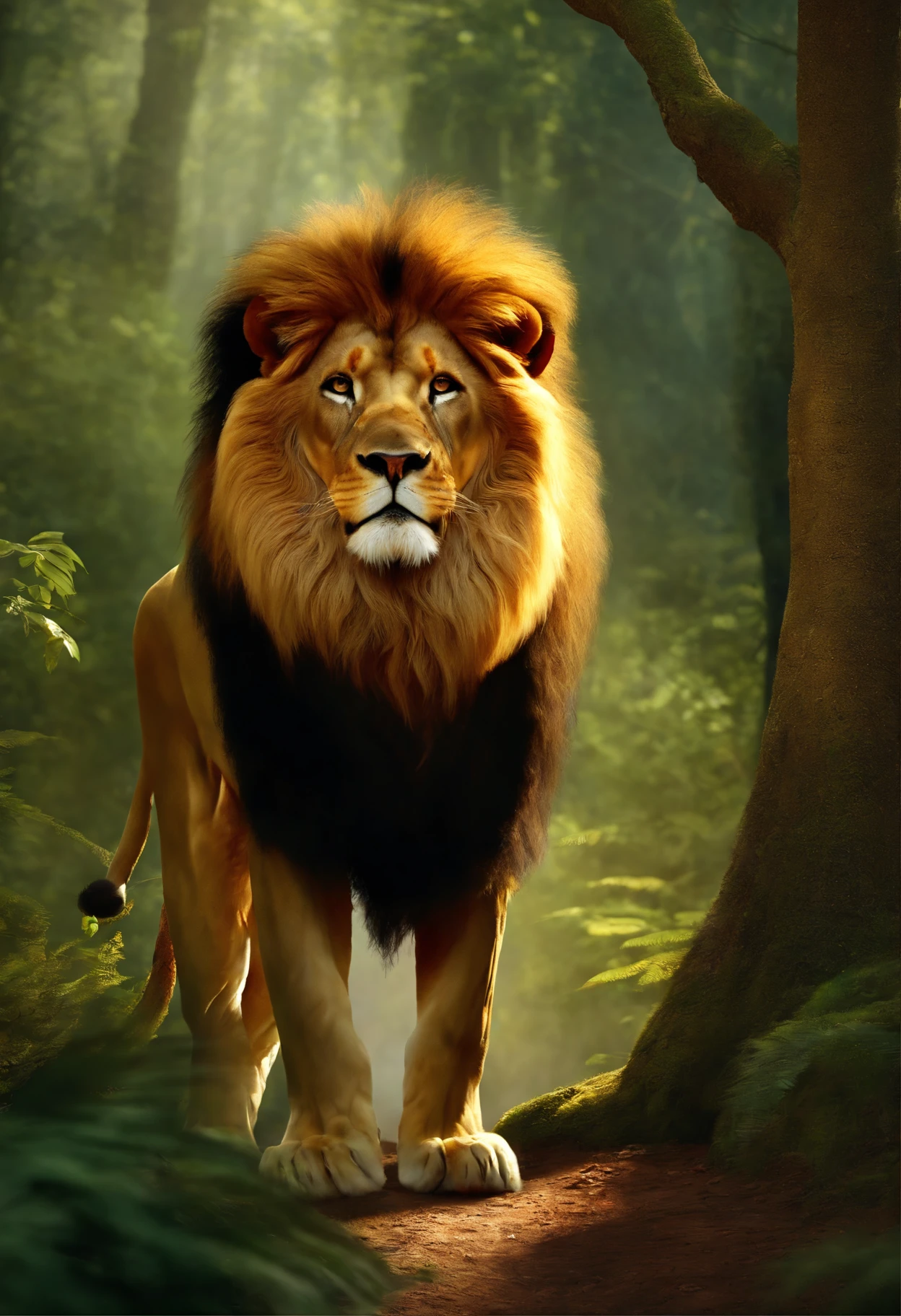 Lion of the tribe of Judah he stands in a beautiful forest, wore a beautiful crown with gold and precious stones