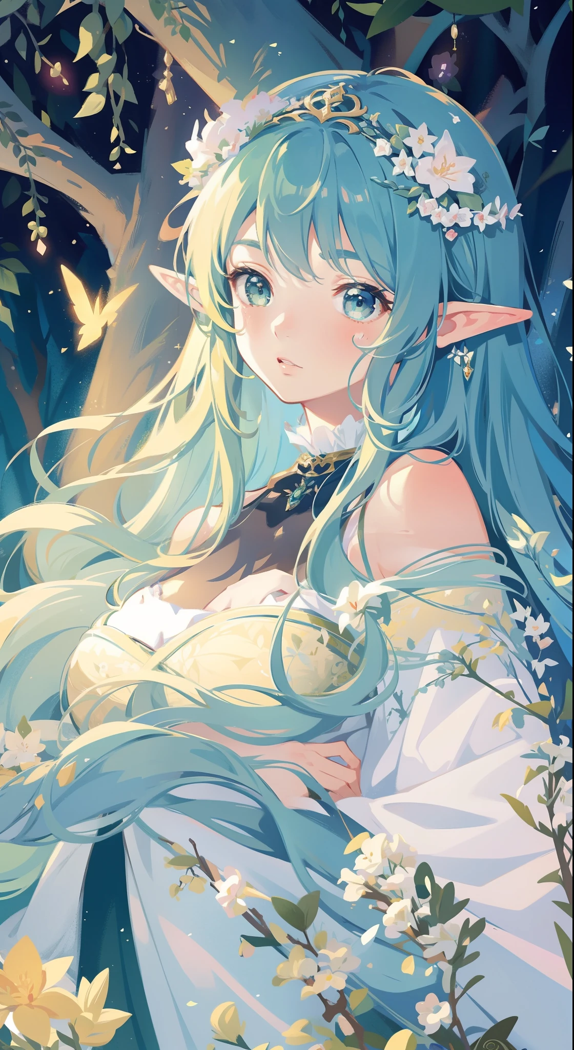 high high quality，masterpiece，Delicate facial features，Delicate hair，Delicate eyes，Delicate hair，animemanga girl，deer antlers，Black color hair，florals, Dreamy style, Fantastic flower garden，fantasy style clothing,Romantic dress,  beautiful and elegant elf queen, a beautiful fantasy empress, Fantasy art style, ((a beautiful fantasy empress)), Anime fantasy illustration, high priestess, fey queen of the summer forest, anime art nouveau, goddess of the forest, portrait of an elf queen, A beautiful artwork illustration，8K high quality detailed art（Delicate facial portrayal）（Fine hair depiction）（highest  quality）（Master masterpieces）（High degree of completion）（a sense of atmosphere）8k wallpaper，tmasterpiece，Best quality at best，ultra - detailed