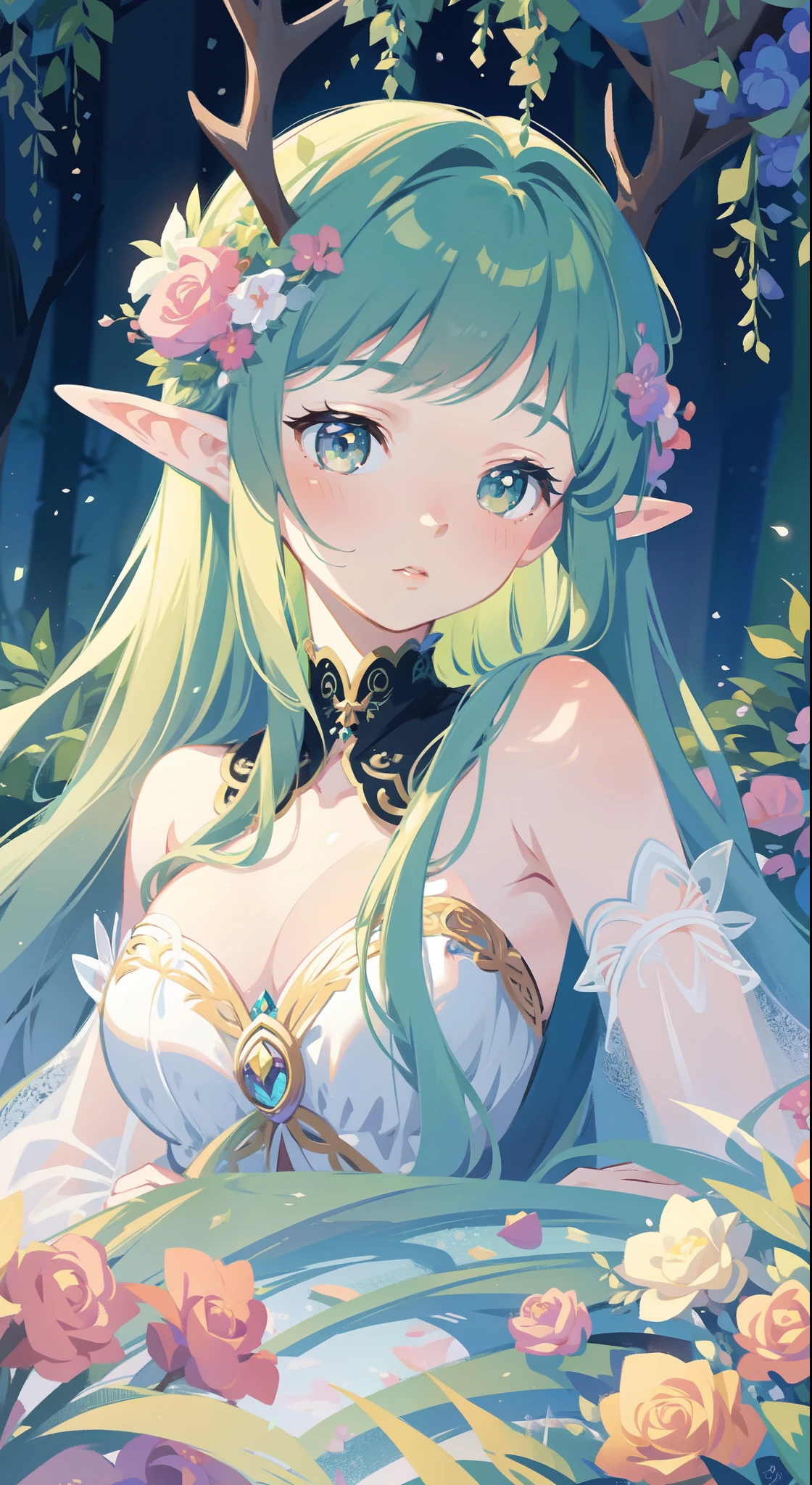high high quality,masterpiece,Delicate facial features,Delicate hair,Delicate eyes,Delicate hair,animemanga girl,deer antlers,Black color hair,florals, Dreamy style, Fantastic flower garden,fantasy style clothing,Romantic dress, beautiful and elegant elf queen, a beautiful fantasy empress, Fantasy art style, ((a beautiful fantasy empress)), Anime fantasy illustration, high priestess, fey queen of the summer forest, anime art nouveau, goddess of the forest, portrait of an elf queen, A beautiful artwork illustration,8K high quality detailed art(Delicate facial portrayal)(Fine hair depiction)(highest quality)(Master masterpieces)(High degree of completion)(a sense of atmosphere)8k wallpaper,tmasterpiece,Best quality at best,ultra - detailed