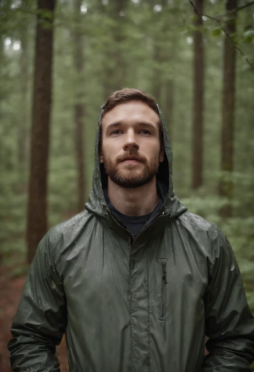 a picture of a 31 year old white male photographer with a beard torso up. rain jacket with hood up. holding his camera in the woods while it is raining hood up