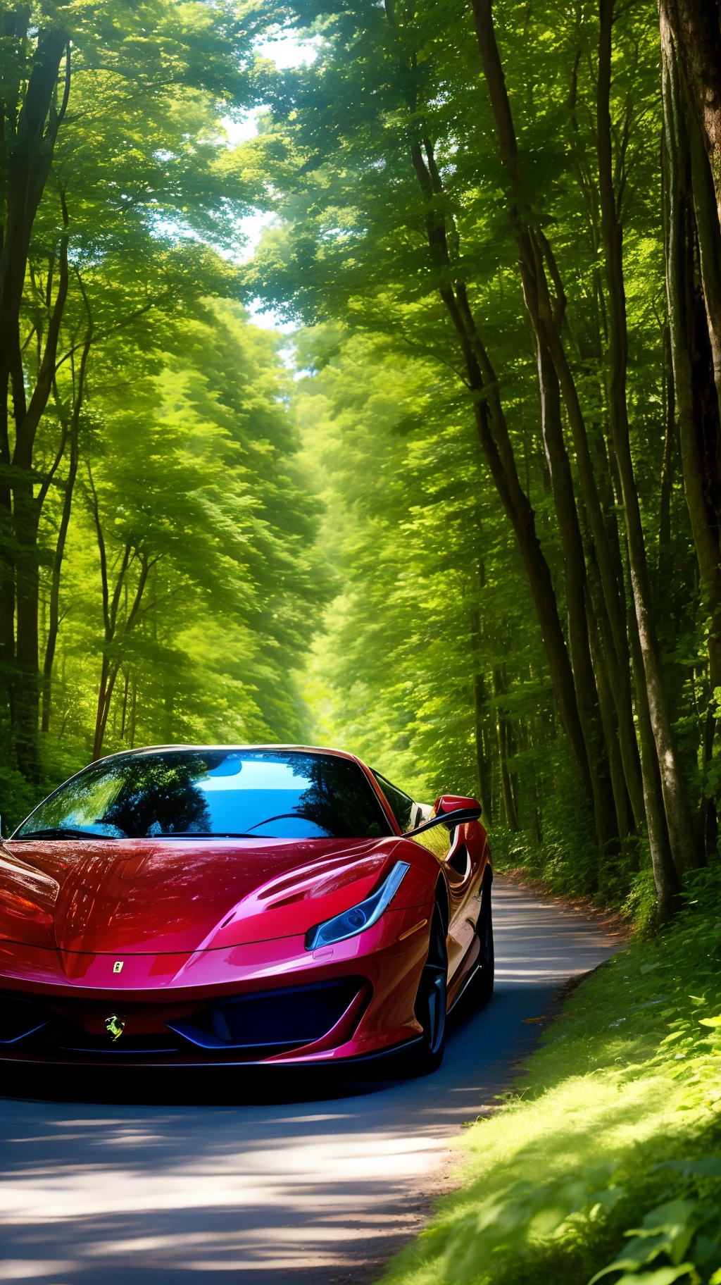 Red and black Ferrari in the forest