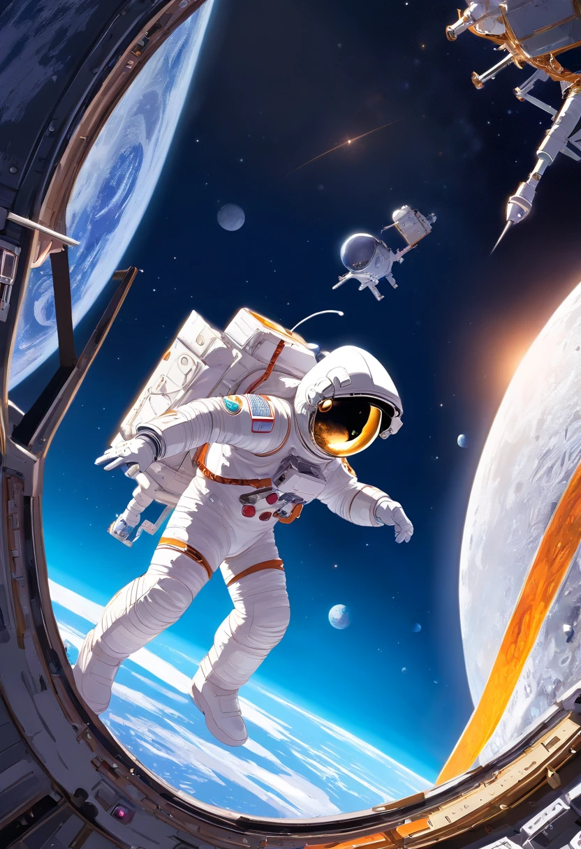 1 astronaut, helmet, space suit, (floating in zero gravity:1.2), earth, Moon, stars, (Reflect sunlight:0.8), Milky Way, (Distant galaxies:1.3), moons, (exhaust gas:0.9), (Cosmic background radiation:1.1), spacewalk, (Tethered to a spacecraft:1.4), (Weightless environment:0.7), (Communication equipment:0.8), (Explore new planets:1.3), (Collect samples:1.1), solar system, (Reflection of an astronaut on a visor:0.9), (An astronaut's perspective:1.3), (Re-entry into the atmosphere:1.4), (International cooperation:1.2), (View from inside the spacecraft:0.8), (Astronaut training:1.1), (moon landing:1.3), (Spacewalks in spacewalks):1.2), (Lunar rover:1.1), (Explore the unknown:1.4), (The shadow of an astronaut on the surface of the moon:0.9), (Floating tool:0.8), (Majestic globe landscape:1.3), (Interstellar Travel:1.2), (Astronaut badge:0.8), (Spacecraft control:1.1), (Celestial navigation:1.3), (The astronaut's visor reflects the Earth:1.2), (Space travelling:1.4), (The astronauts' spacewalk was tethered to the spacecraft:1.5).