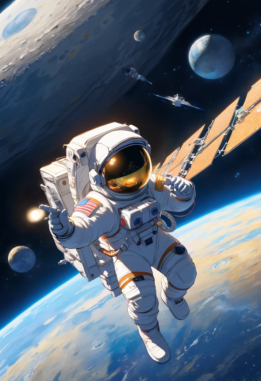 1 astronaut, helmet, space suit, (floating in zero gravity:1.2), earth, Moon, stars, (Reflect sunlight:0.8), Milky Way, (Distant galaxies:1.3), moons, (exhaust gas:0.9), (Cosmic background radiation:1.1), spacewalk, (Tethered to a spacecraft:1.4), (Weightless environment:0.7), (Communication equipment:0.8), (Explore new planets:1.3), (Collect samples:1.1), solar system, (Reflection of an astronaut on a visor:0.9), (An astronaut's perspective:1.3), (Re-entry into the atmosphere:1.4), (International cooperation:1.2), (View from inside the spacecraft:0.8), (Astronaut training:1.1), (moon landing:1.3), (Spacewalks in spacewalks):1.2), (Lunar rover:1.1), (Explore the unknown:1.4), (The shadow of an astronaut on the surface of the moon:0.9), (Floating tool:0.8), (Majestic globe landscape:1.3), (Interstellar Travel:1.2), (Astronaut badge:0.8), (Spacecraft control:1.1), (Celestial navigation:1.3), (The astronaut's visor reflects the Earth:1.2), (Space travelling:1.4), (The astronauts' spacewalk was tethered to the spacecraft:1.5).