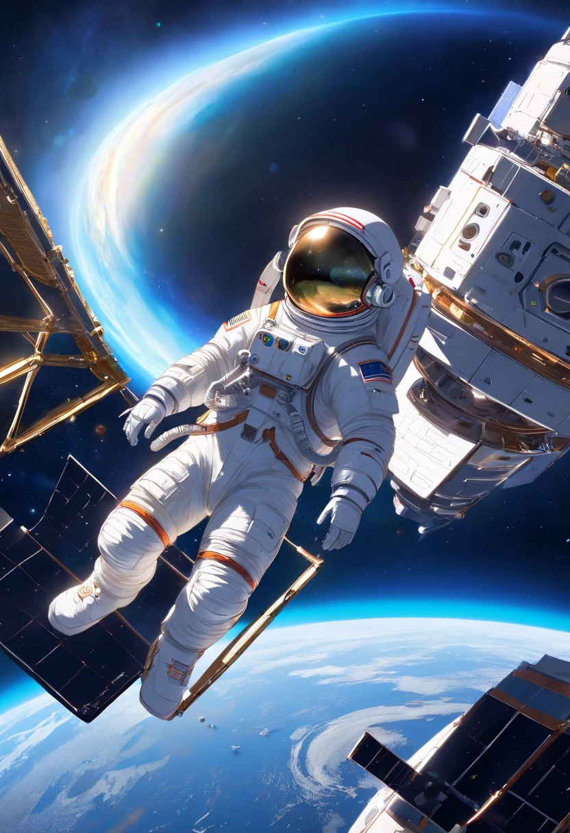 1 astronaut, helmet, space suit, (floating in zero gravity:1.2), earth, Moon, stars, (Reflect sunlight:0.8), Milky Way, (Distant galaxies:1.3), moons, (exhaust gas:0.9), (Cosmic background radiation:1.1), spacewalk, (Tethered to a spacecraft:1.4), (Weightless environment:0.7), (Communication equipment:0.8), (Explore new planets:1.3), (Collect samples:1.1), solar system, (Reflection of an astronaut on a visor:0.9), (An astronaut's perspective:1.3), (Re-entry into the atmosphere:1.4), (International cooperation:1.2), (View from inside the spacecraft:0.8), (Astronaut training:1.1), (moon landing:1.3), (Spacewalks in spacewalks):1.2), (Lunar rover:1.1), (Explore the unknown:1.4), (The shadow of an astronaut on the surface of the moon:0.9), (Floating tool:0.8), (Majestic globe landscape:1.3), (Interstellar Travel:1.2), (Astronaut badge:0.8), (Spacecraft control:1.1), (Celestial navigation:1.3), (The astronaut's visor reflects the Earth:1.2), (Space travelling:1.4), (The astronauts' spacewalk was tethered to the spacecraft:1.5).