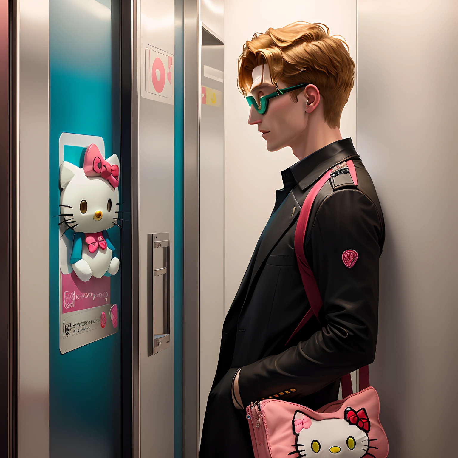 hyper realistic the riddler holding a hello kitty plush profile picture in an elevator