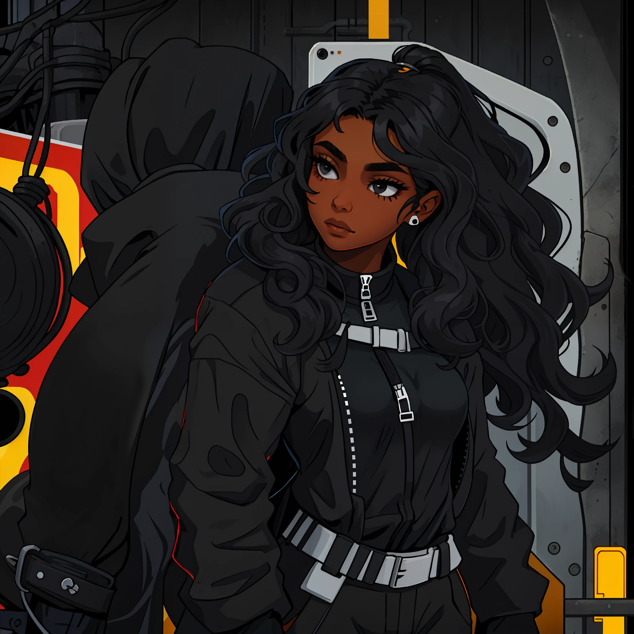 Black skined girl with dark curly hair. She has really dark eyes and long hair. She is wearing a black suite and parachute pants. And she has dark skin. In aime style