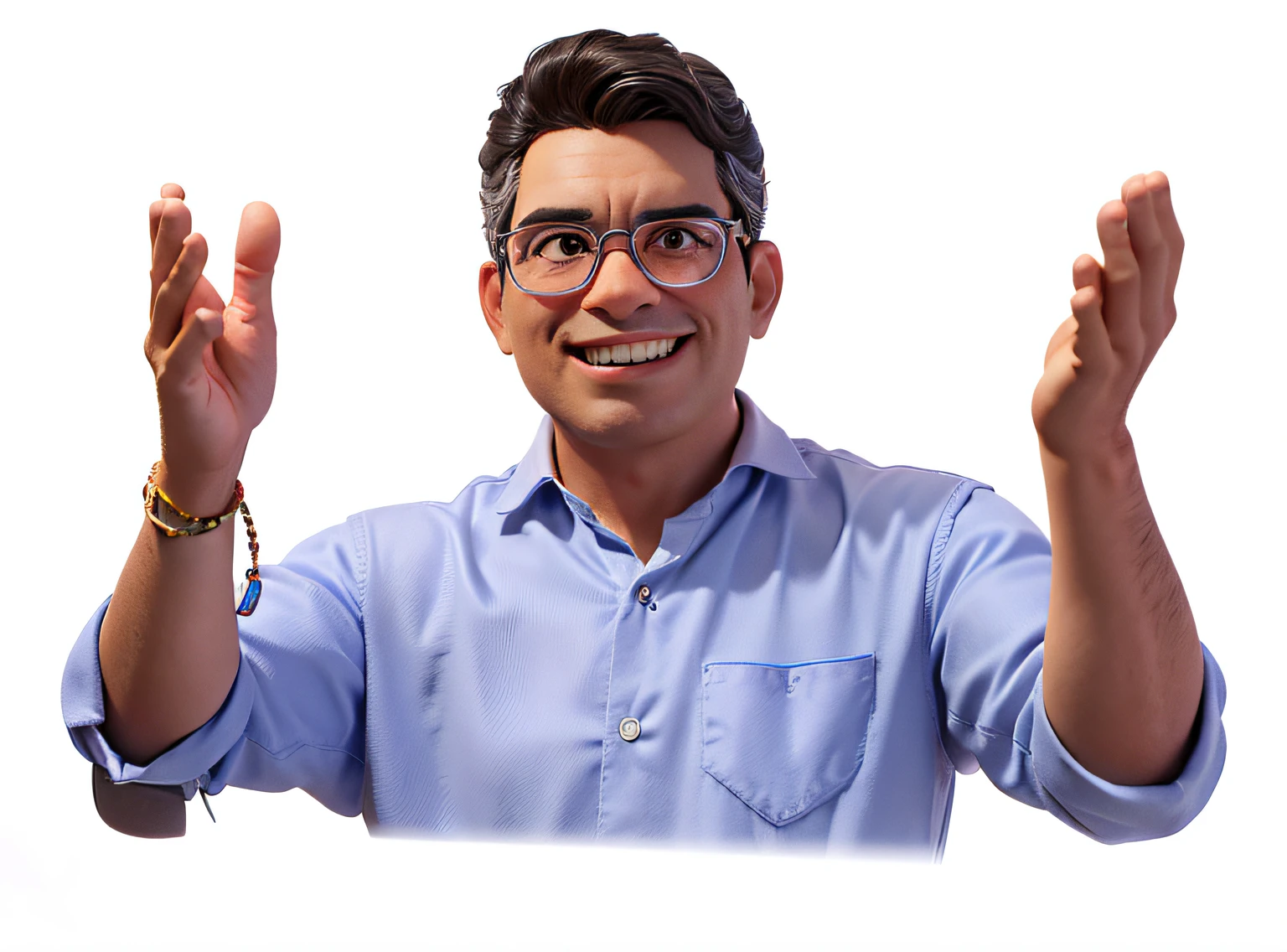 personaje de Disney hombre sonriente con gafas y una camisa azul levanta las manos, Luiz Escanuela, salustiano garcia cruz, victor maristane, andres rios, Ricardo Milos, mario martinez, heraldo ortega, hombre indistinto con la mano en alto, Carmelo Blandino, eloy morales, carlos ortega elizalde, pepe moreno, pablo perdomo, 8K, alta calidad, formato RAW, ilustracion 3D, personaje de Disney pixar. piel oscura, piel afroamericana