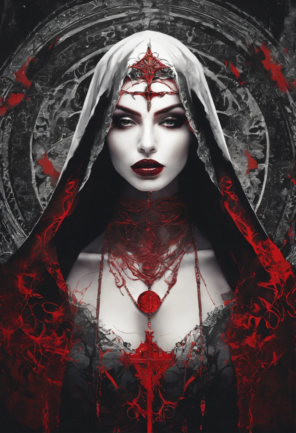 (sexy gothic demonic nun), dark, mysterious, enchanting, hauntingly beautiful, (detailed facial features, piercing eyes, dark red lips), black flowing robes, cross necklace, sensual, alluring pose, (candlelit backdrop, ominous atmosphere), (best quality, highres, ultra-detailed), (gothic art, oil painting, dark fantasy), (dramatic lighting, shadows, ethereal glow), (black and red color scheme, intense contrast), (beautifully composed, intricate details), (evokes a sense of desire and forbidden allure).