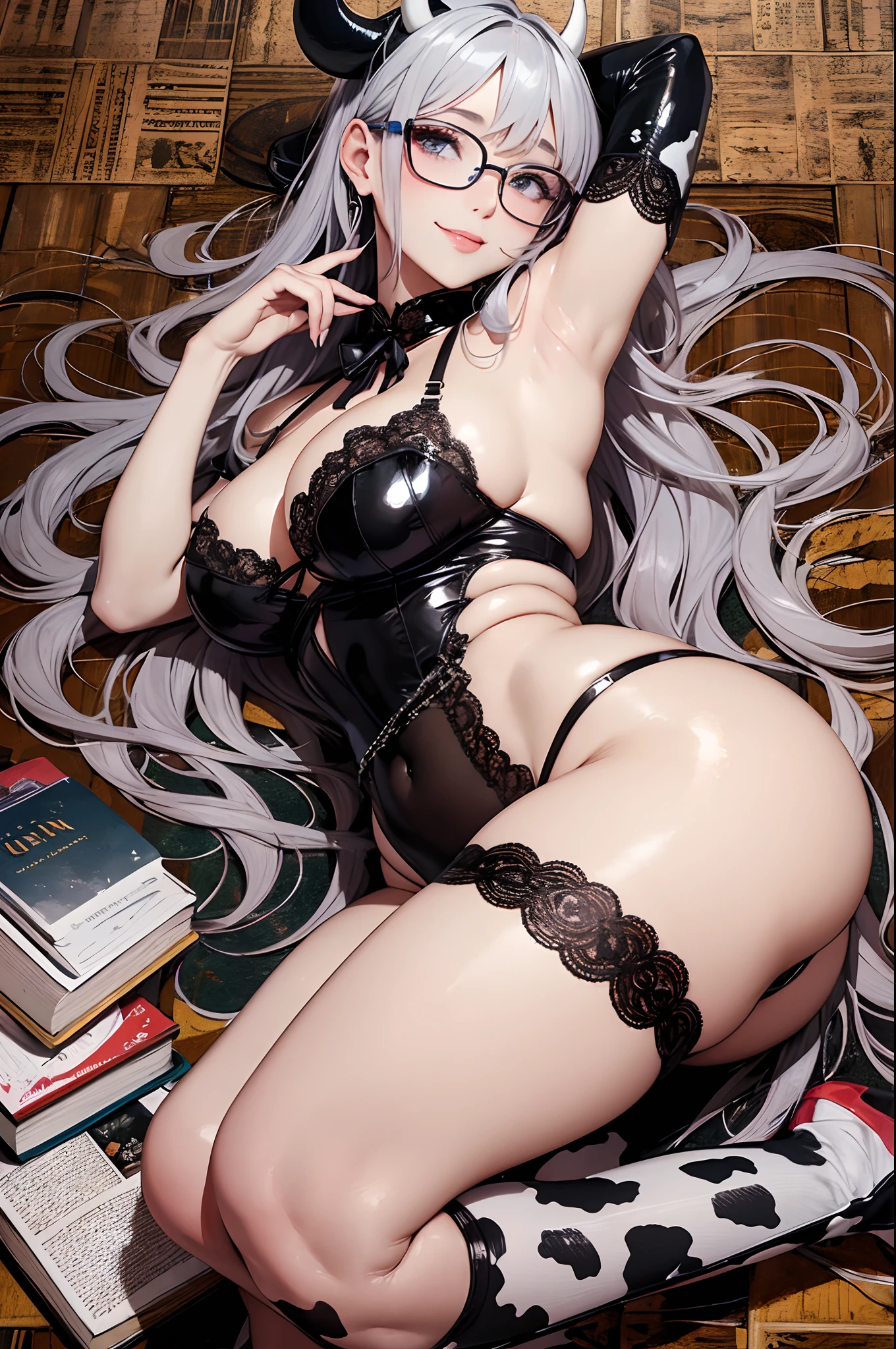 16K Ultra High Definition
Super detailed
Masterpiece Full Color
Shiny detailed hair
Beautiful human woman with long gray hair
Super big breasts beautiful breasts、Beautiful armpits、Super big ass lying on the floor、Books are scattered、
Sexy little underwear with black and white cow print
Cow ears and cow small horns
Shiny skin
Red cheeks
Moist eyes and embarrassed expression
Wearing glasses
tongue、Seduce with a bewitching smile
The background is the library
