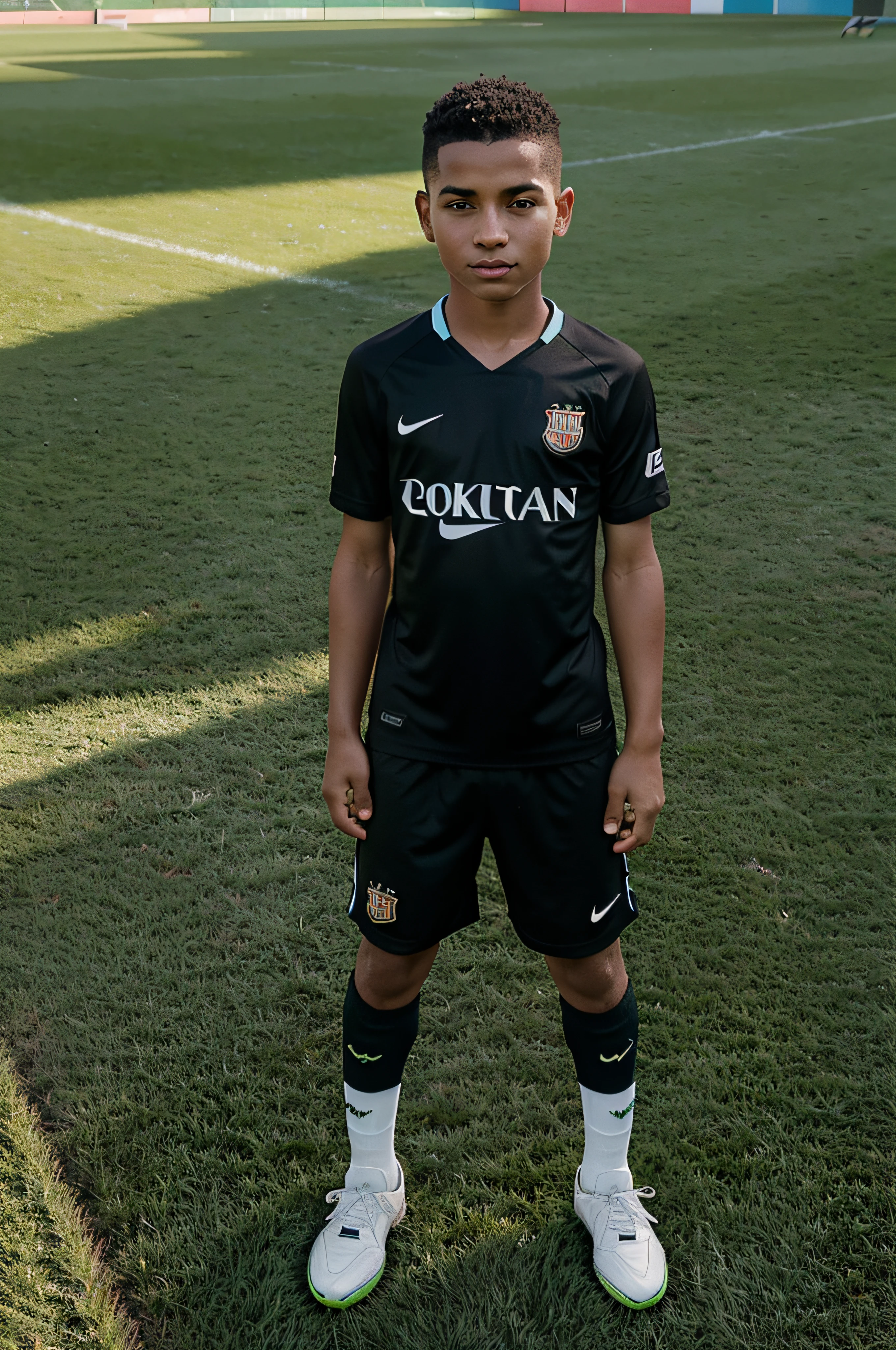 cabelos castanhos, Jogar futebol em um campo gramado, arte realista, inspirado no time Barcelona camisa escura, Colouring, Jogar futebol em um campo gramado, luz solar brilhante, Campo gramado, bola de futebol brilhante, inspirado no time Barcelona, grama verde, Energetic boy, uniforme de futebol preto, Quedas Pesadas, Executando, imagem aberta, high-resolution, Realistic