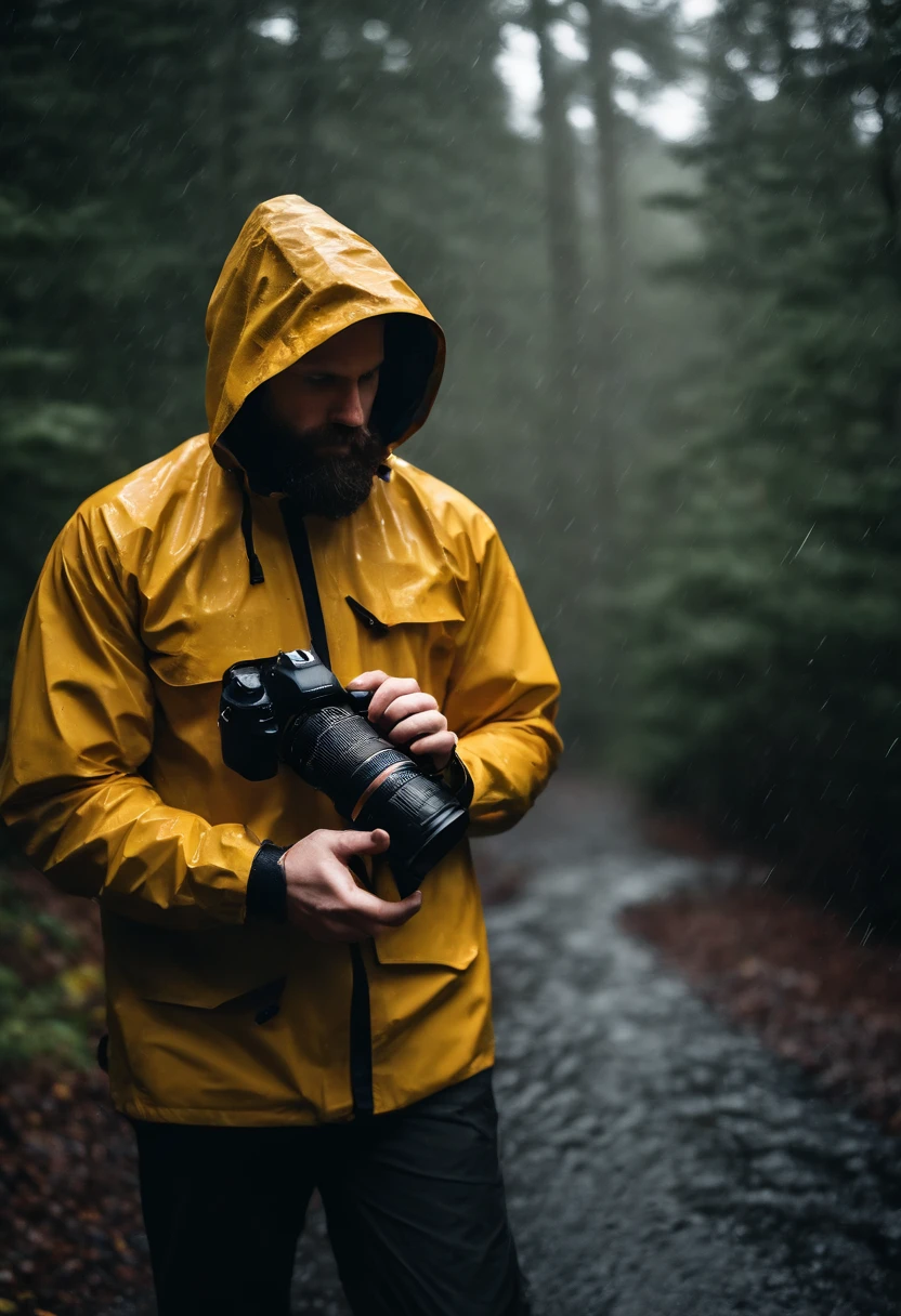 a picture of a 31 year old white male photographer with a beard holding his camera and wearing a rain jacket with hood in the woods while it is raining