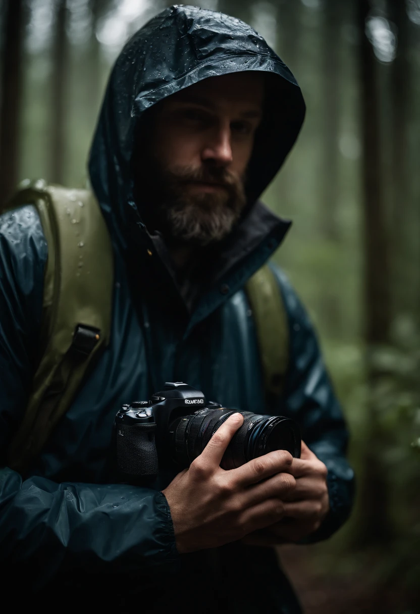 a picture of a 31 year old white male photographer with a beard holding his camera and wearing a rain jacket with hood in the woods while it is raining