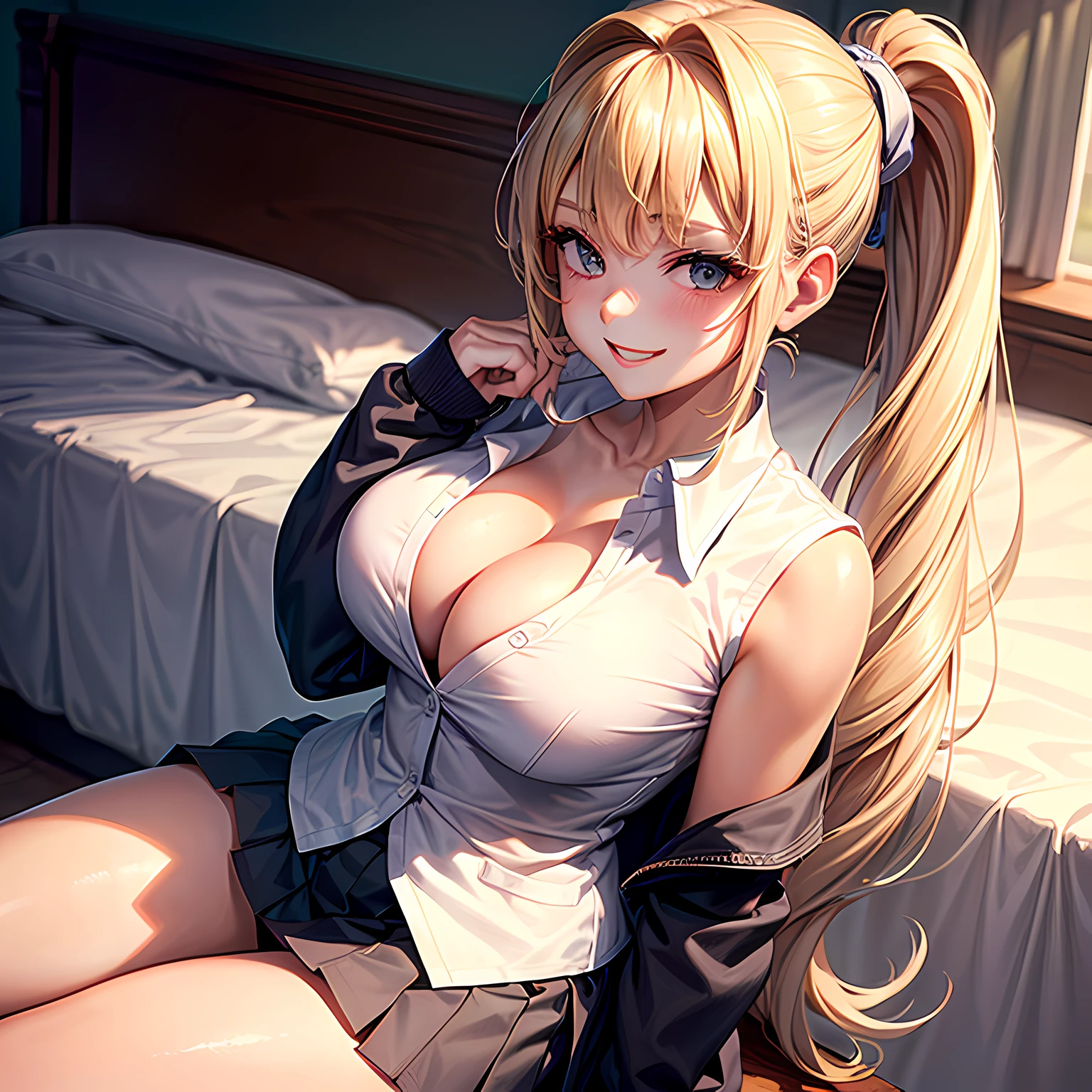 1girl, masterpiece, best quality, medium full shot, blonde ponytail, ((unbuttoned school uniform, cleavage, sexy body, tall, armpits)), smiling, erotic pose, busty, sitting on bed