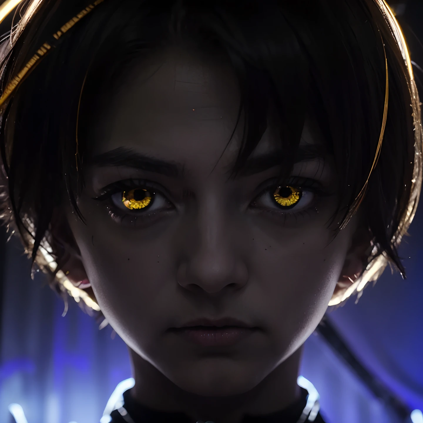 works, works, works, high quality, 1 boy, solo, male focus, eyes (pupil black, iris yellow, sclera white), black light, from above, adult, 27 years old, dashing, dramatic expression, extreme expression, scary expression, dark expression, bottom view, intimidation, pressure, caution, kiyotaka Ayanokoji
