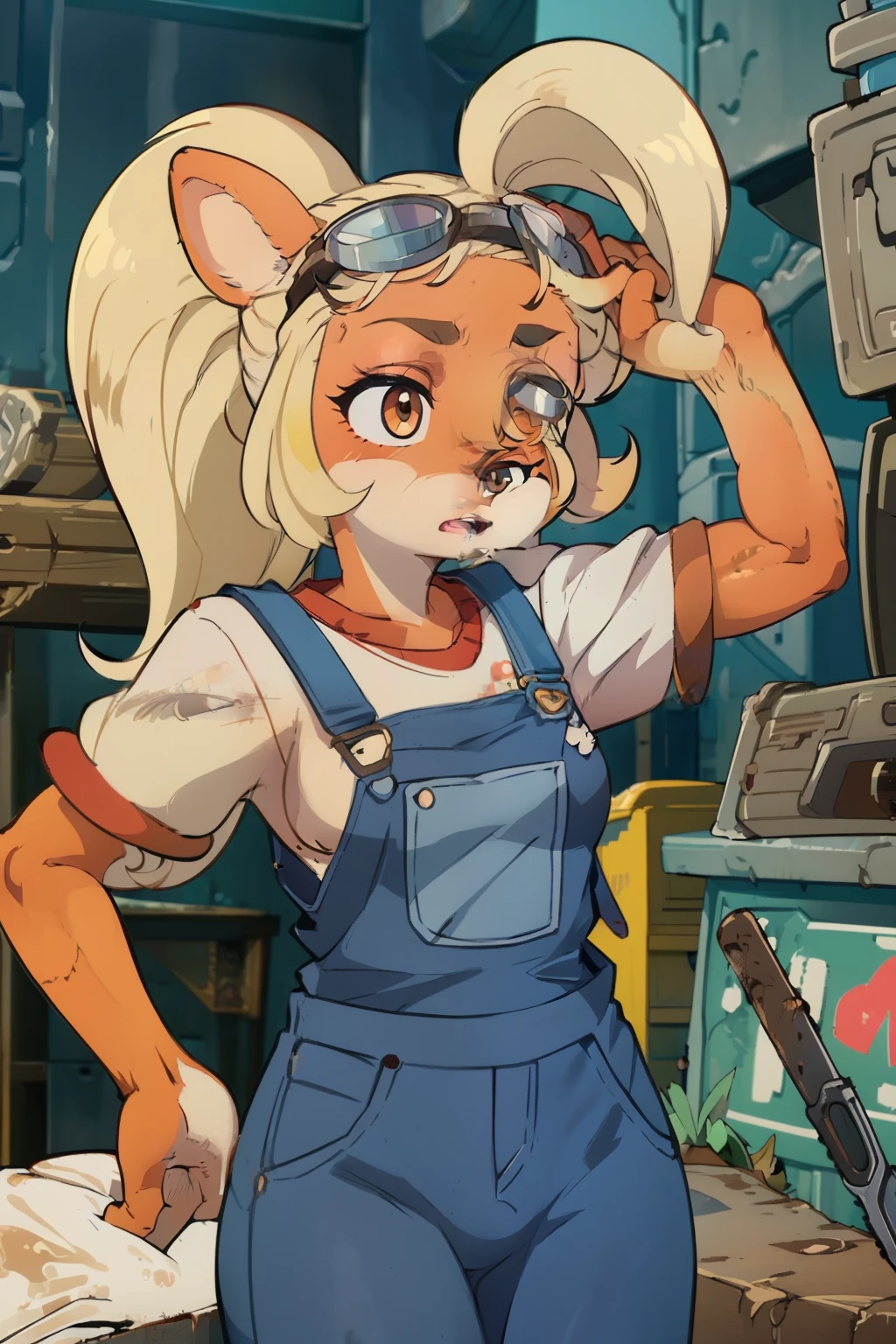 coco, furry, female, masterpiece, beautiful, white shirt, overalls, goggles on head, dirty, covered in grease and dirt, dirty skin, dirty clothes, working in a mechanic shop, gears and machine parts in background, wiping brow, ponytail