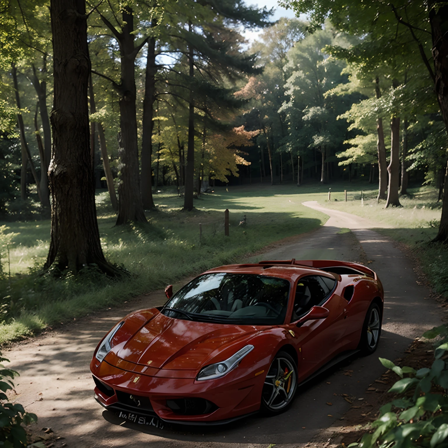 Red and black Ferrari in the forest