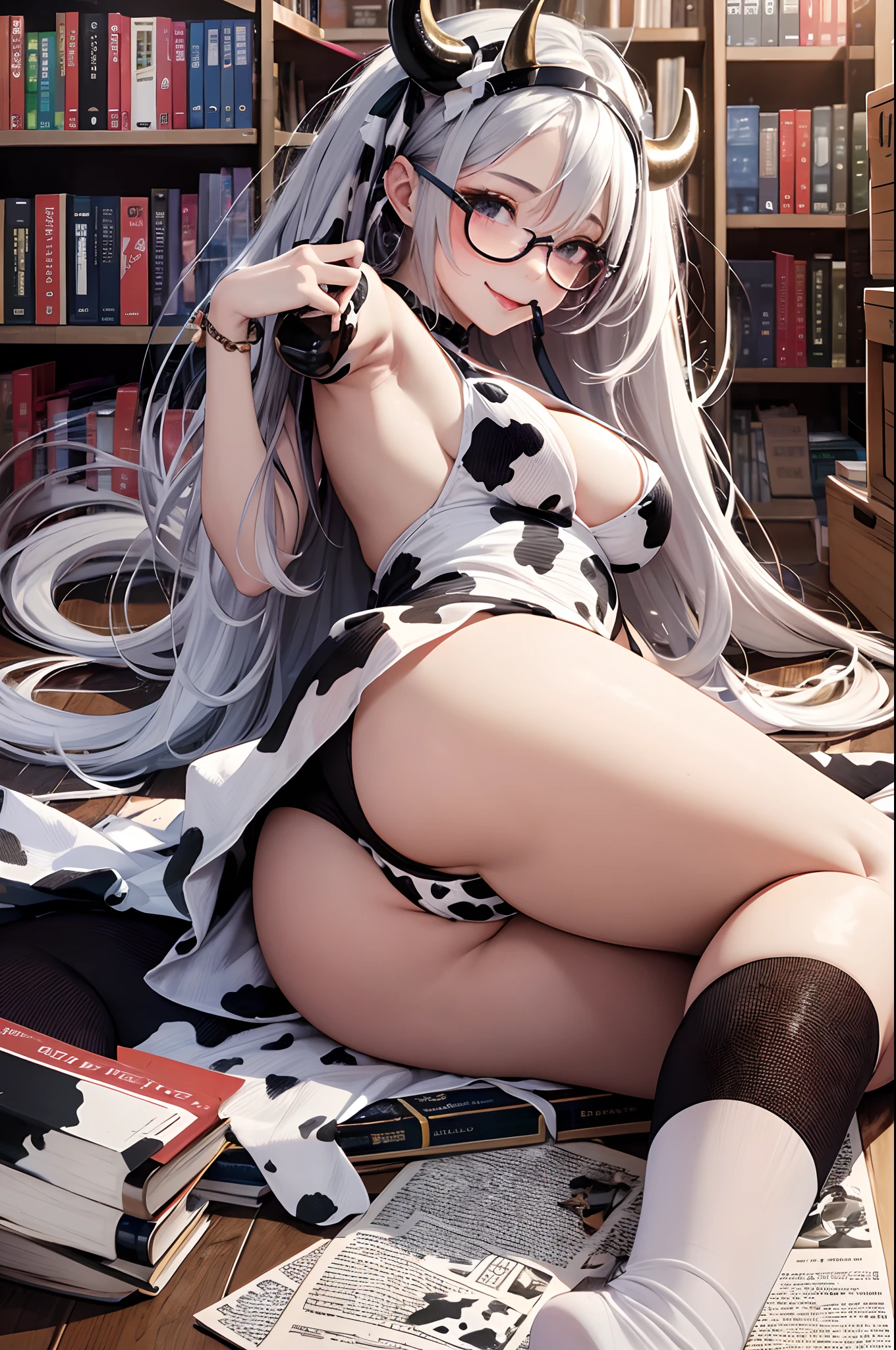 16K Ultra High Definition
Super detailed
Masterpiece Full Color
Shiny detailed hair
Beautiful human woman with long gray hair
Super big breasts beautiful breasts、Beautiful armpits、Super big ass lying on the floor、Books are scattered、
Sexy little underwear with black and white cow print
Cow ears and cow small horns
Shiny skin
Red cheeks
Moist eyes and embarrassed expression
Wearing glasses
tongue、Seduce with a bewitching smile
The background is the library