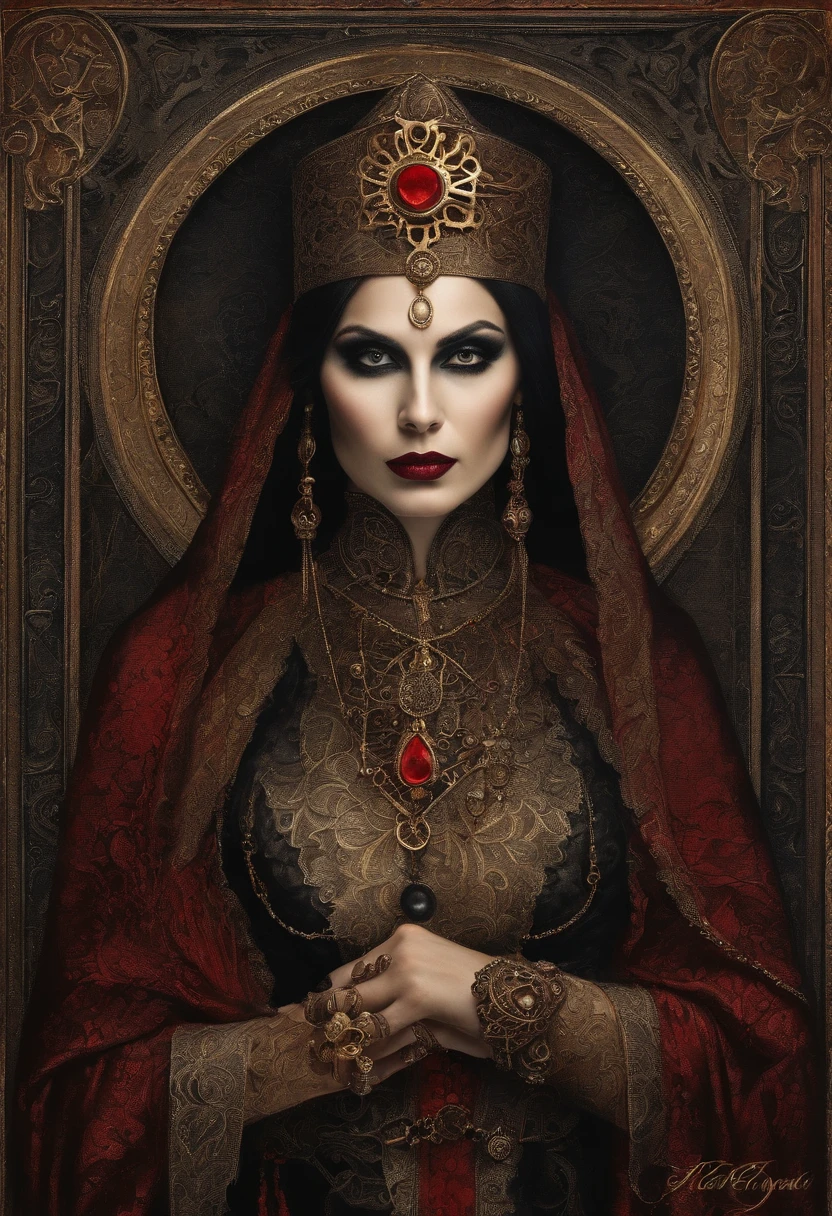 (sexy gothic demonic nun), dark, mysterious, enchanting, hauntingly beautiful, (detailed facial features, piercing eyes, dark red lips), black flowing robes, cross necklace, sensual, alluring pose, (candlelit backdrop, ominous atmosphere), (best quality, highres, ultra-detailed), (gothic art, oil painting, dark fantasy), (dramatic lighting, shadows, ethereal glow), (black and red color scheme, intense contrast), (beautifully composed, intricate details), (evokes a sense of desire and forbidden allure).