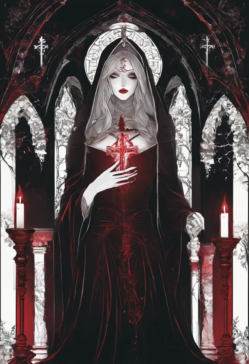 a picture of an exquisite beautiful female (nun: 1.3) (vampire: 1.5) standing under the starry night sky on the porch of her monastary, full body, dynamic angle (ultra detailed, Masterpiece, best quality), ultra detailed face (ultra detailed, Masterpiece, best quality), ultra feminine, (pale skin: 1.3), red hair, wavy hair, dynamic eyes color, cold eyes, glowing eyes, intense eyes, dark red lips, [fangs], wearing white nun habit (ultra detailed, Masterpiece, best quality), wearing blue cloak (ultra detailed, Masterpiece, best quality), long cloak, flowing cloak (ultra detailed, Masterpiece, best quality), wearing high heeled boots, sky full of stars background, moon, bats flying about, high details, best quality, 8k, [ultra detailed], masterpiece, best quality, (ultra detailed), full body, ultra wide shot, photorealism, dark fantasy art, dark fantasy art, gothic art, many stars, dark fantasy art, gothic art, sense of dread, bloodmagic
