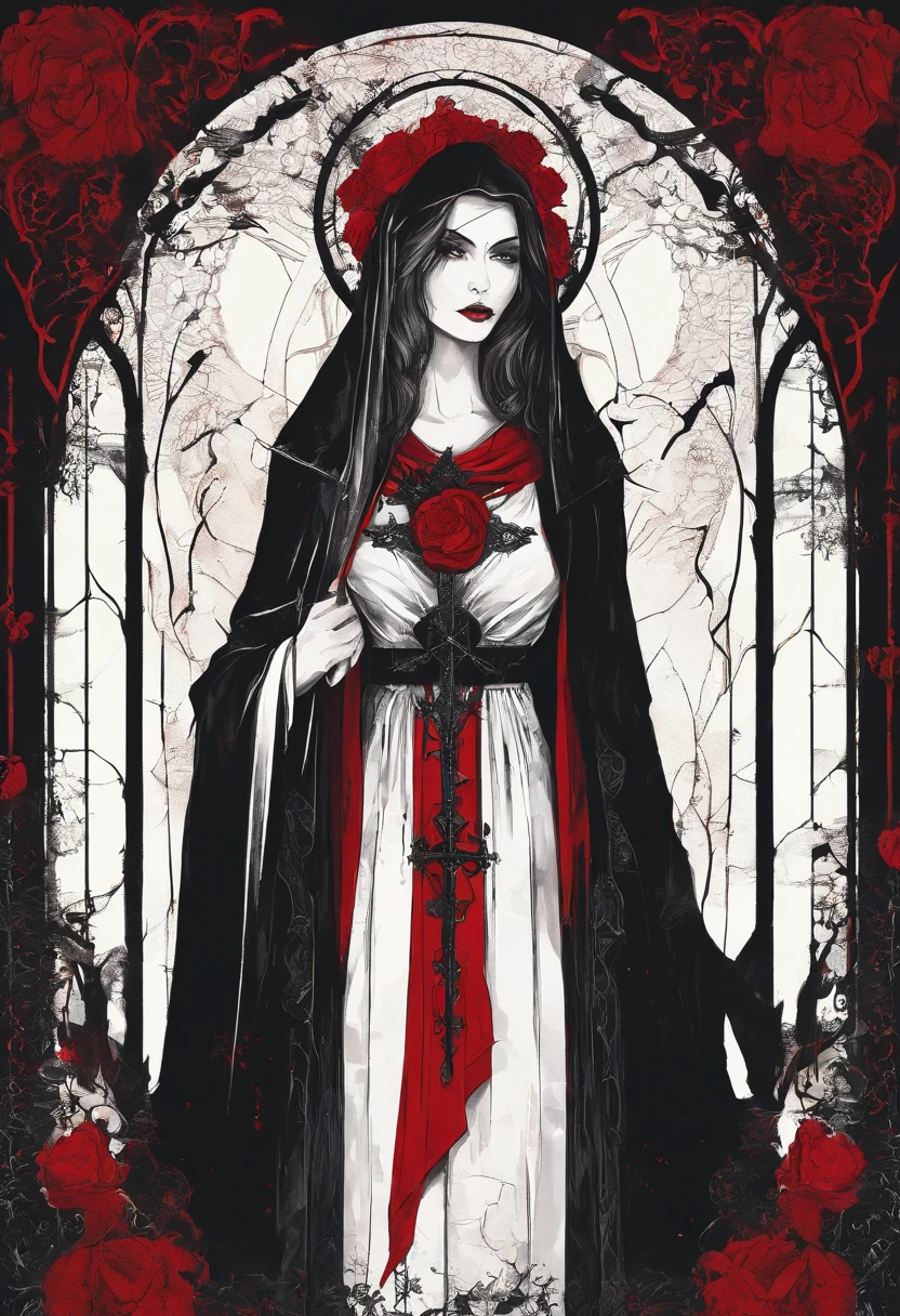 (sexy gothic demonic nun), dark, mysterious, enchanting, hauntingly beautiful, (detailed facial features, piercing eyes, dark red lips), black flowing robes, cross necklace, sensual, alluring pose, (candlelit backdrop, ominous atmosphere), (best quality, highres, ultra-detailed), (gothic art, oil painting, dark fantasy), (dramatic lighting, shadows, ethereal glow), (black and red color scheme, intense contrast), (beautifully composed, intricate details), (evokes a sense of desire and forbidden allure).