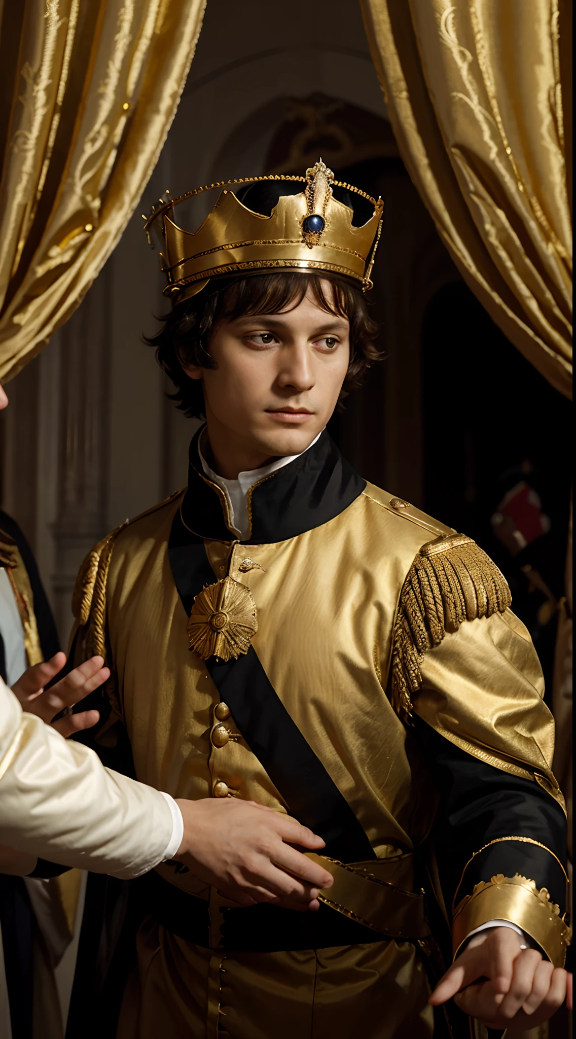 Create an image depicting the moment when Napoleon Bonaparte crowned himself with a golden crown, snatching it from the Pope's hands during his coronation.