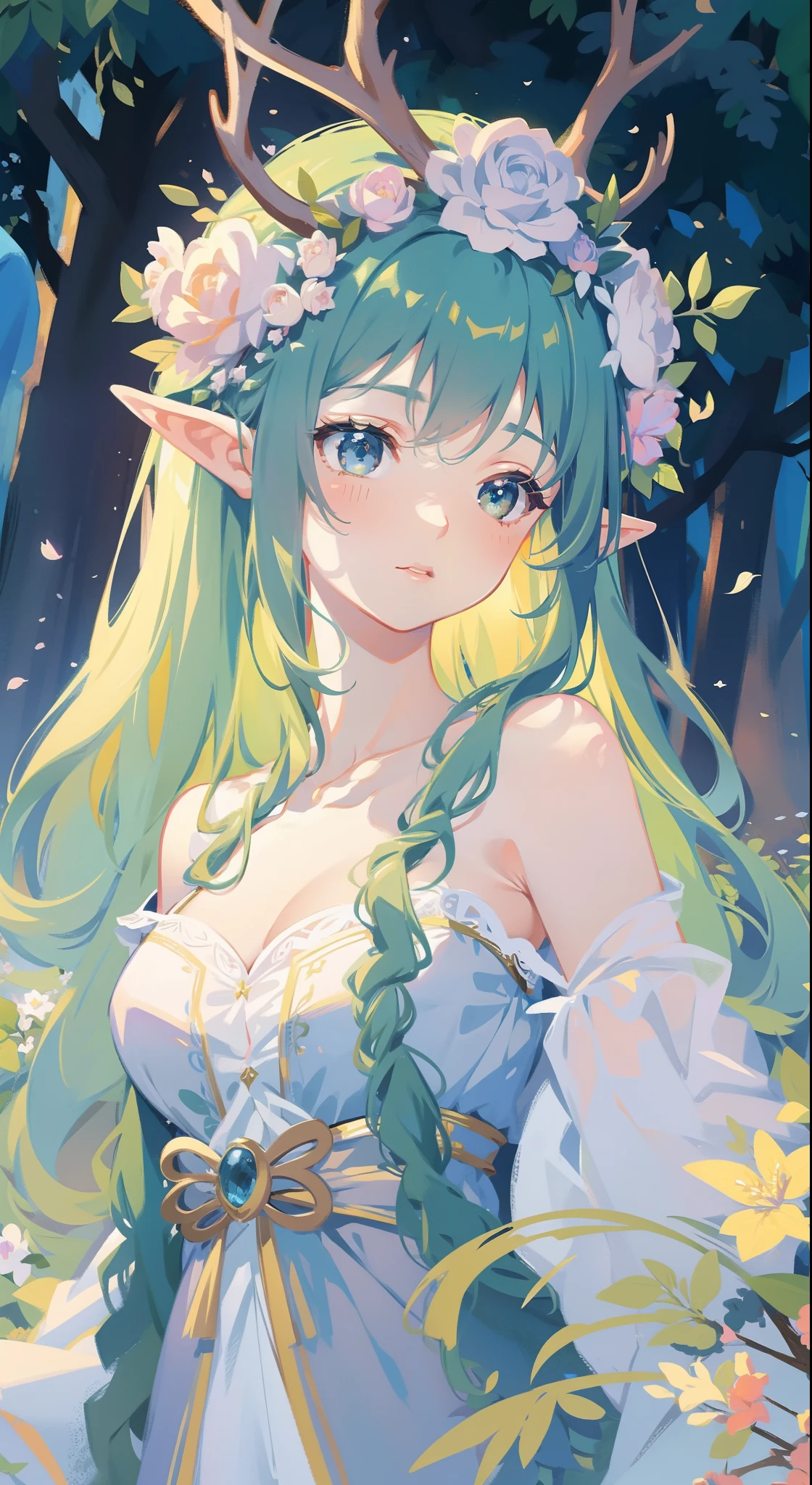 high high quality，masterpiece，Delicate facial features，Delicate hair，Delicate eyes，Delicate hair，animemanga girl，deer antlers，Black color hair，florals, Dreamy style, Fantastic flower garden，fantasy style clothing,Romantic dress,  beautiful and elegant elf queen, a beautiful fantasy empress, Fantasy art style, ((a beautiful fantasy empress)), Anime fantasy illustration, high priestess, fey queen of the summer forest, anime art nouveau, goddess of the forest, portrait of an elf queen, A beautiful artwork illustration，8K high quality detailed art（Delicate facial portrayal）（Fine hair depiction）（highest  quality）（Master masterpieces）（High degree of completion）（a sense of atmosphere）8k wallpaper，tmasterpiece，Best quality at best，ultra - detailed