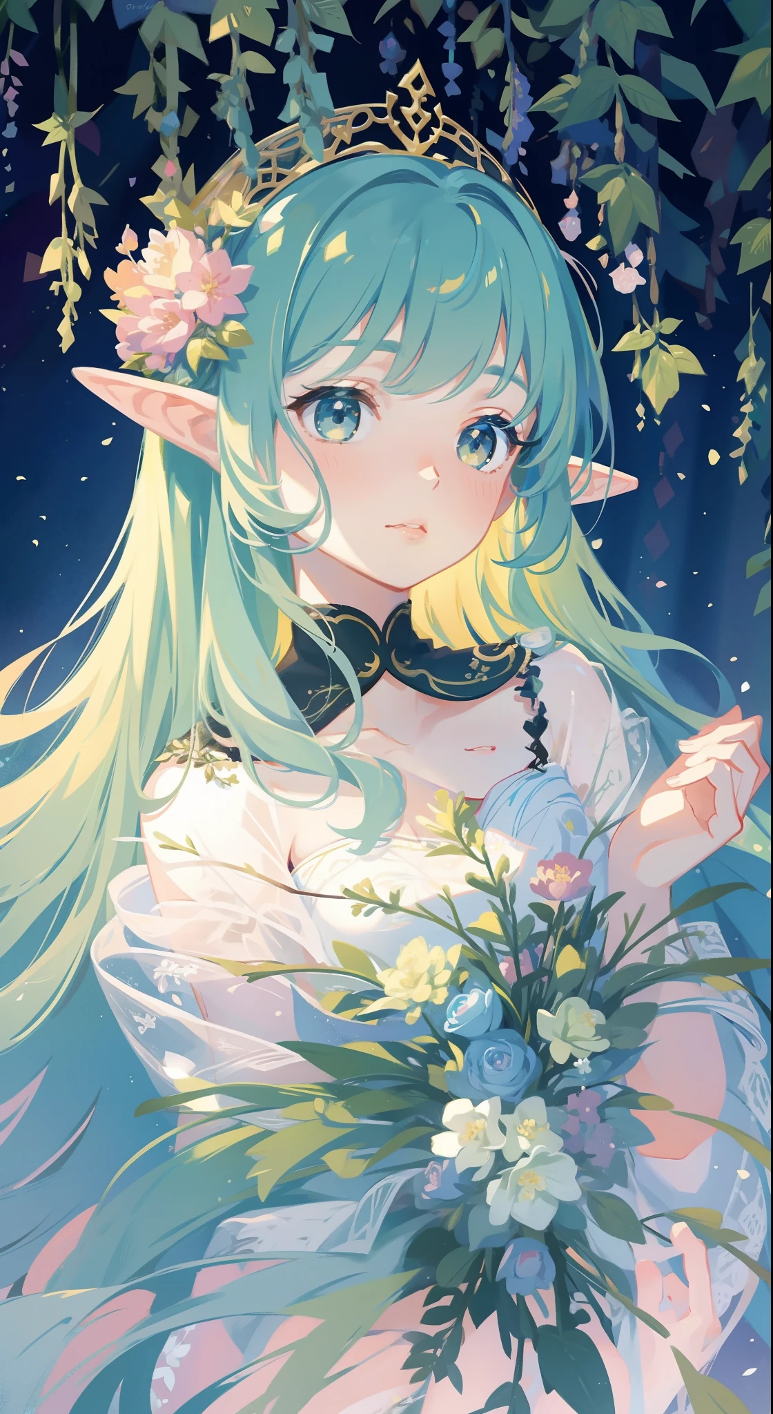 high high quality，masterpiece，Delicate facial features，Delicate hair，Delicate eyes，Delicate hair，animemanga girl，deer antlers，Black color hair，florals, Dreamy style, Fantastic flower garden，fantasy style clothing,Romantic dress,  beautiful and elegant elf queen, a beautiful fantasy empress, Fantasy art style, ((a beautiful fantasy empress)), Anime fantasy illustration, high priestess, fey queen of the summer forest, anime art nouveau, goddess of the forest, portrait of an elf queen, A beautiful artwork illustration，8K high quality detailed art（Delicate facial portrayal）（Fine hair depiction）（highest  quality）（Master masterpieces）（High degree of completion）（a sense of atmosphere）8k wallpaper，tmasterpiece，Best quality at best，ultra - detailed