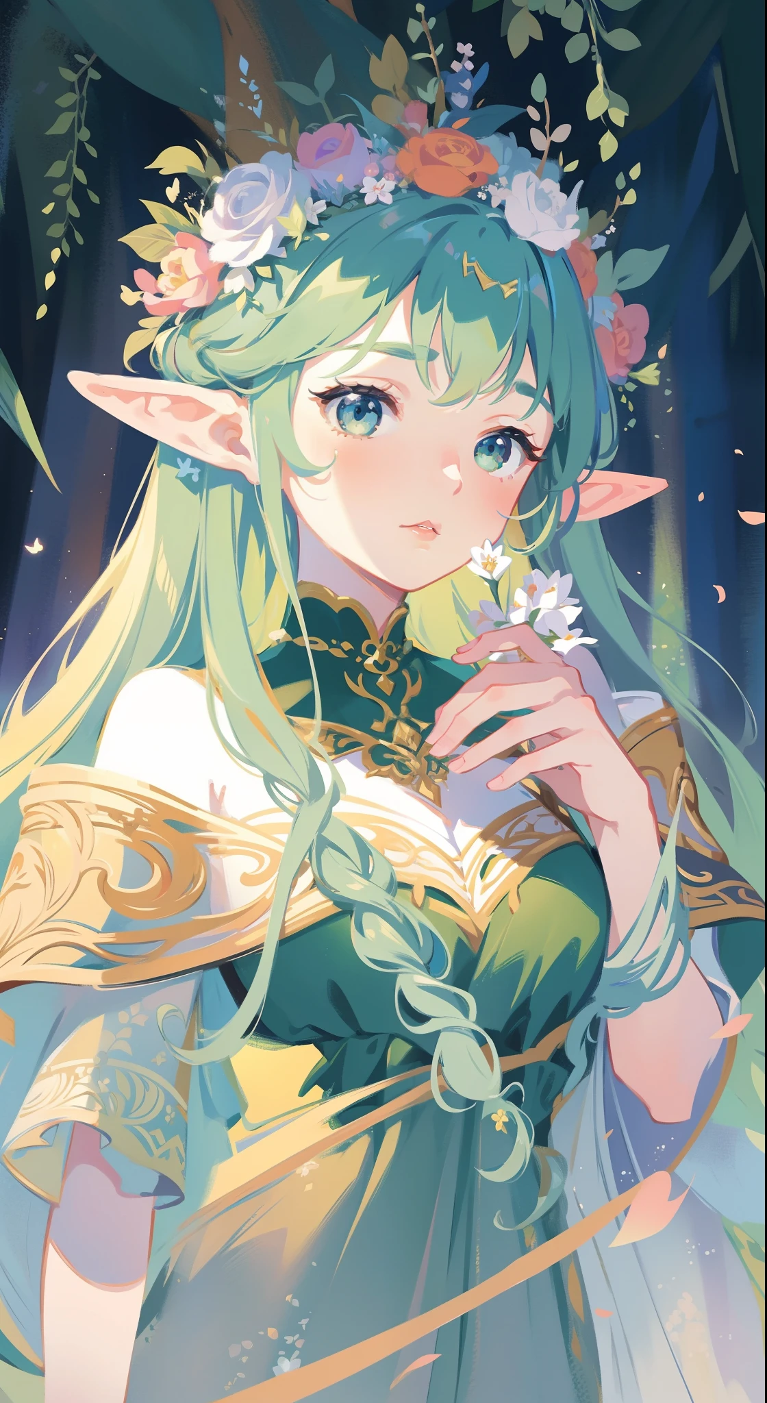 high high quality，masterpiece，Delicate facial features，Delicate hair，Delicate eyes，Delicate hair，animemanga girl，deer antlers，Black color hair，florals, Dreamy style, Fantastic flower garden，fantasy style clothing,Romantic dress,  beautiful and elegant elf queen, a beautiful fantasy empress, Fantasy art style, ((a beautiful fantasy empress)), Anime fantasy illustration, high priestess, fey queen of the summer forest, anime art nouveau, goddess of the forest, portrait of an elf queen, A beautiful artwork illustration，8K high quality detailed art（Delicate facial portrayal）（Fine hair depiction）（highest  quality）（Master masterpieces）（High degree of completion）（a sense of atmosphere）8k wallpaper，tmasterpiece，Best quality at best，ultra - detailed