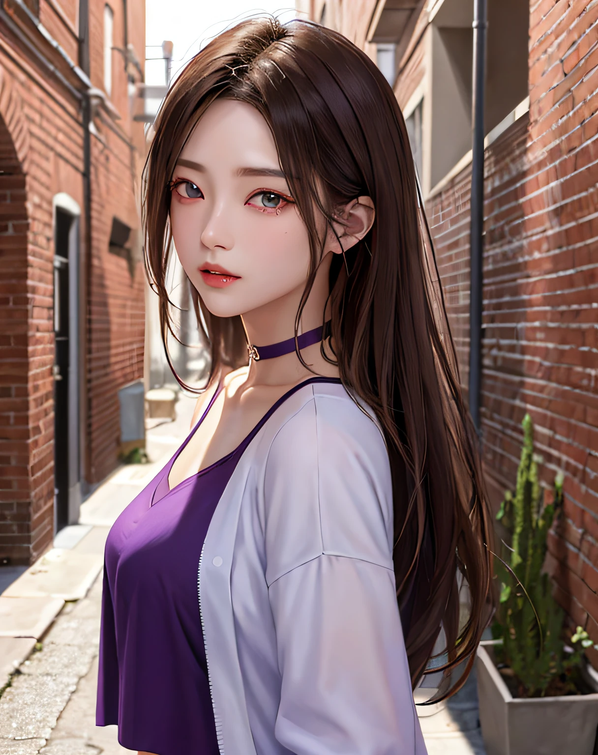 (masterpiece、top-quality、1girl in、独奏、intricate detailes、chromatic abberation)、realisitic、((Medium Breath))、length hair、Brown hair、Hair above one eye、a purple eye、耳Nipple Ring、sharp eye、a choker、Neon Shirt、Open jacket、croptop、(symmetrical eye)、(perfect symmetrical body)、walls、Brick wall、Dim lighting、alleyway、Watch your audience