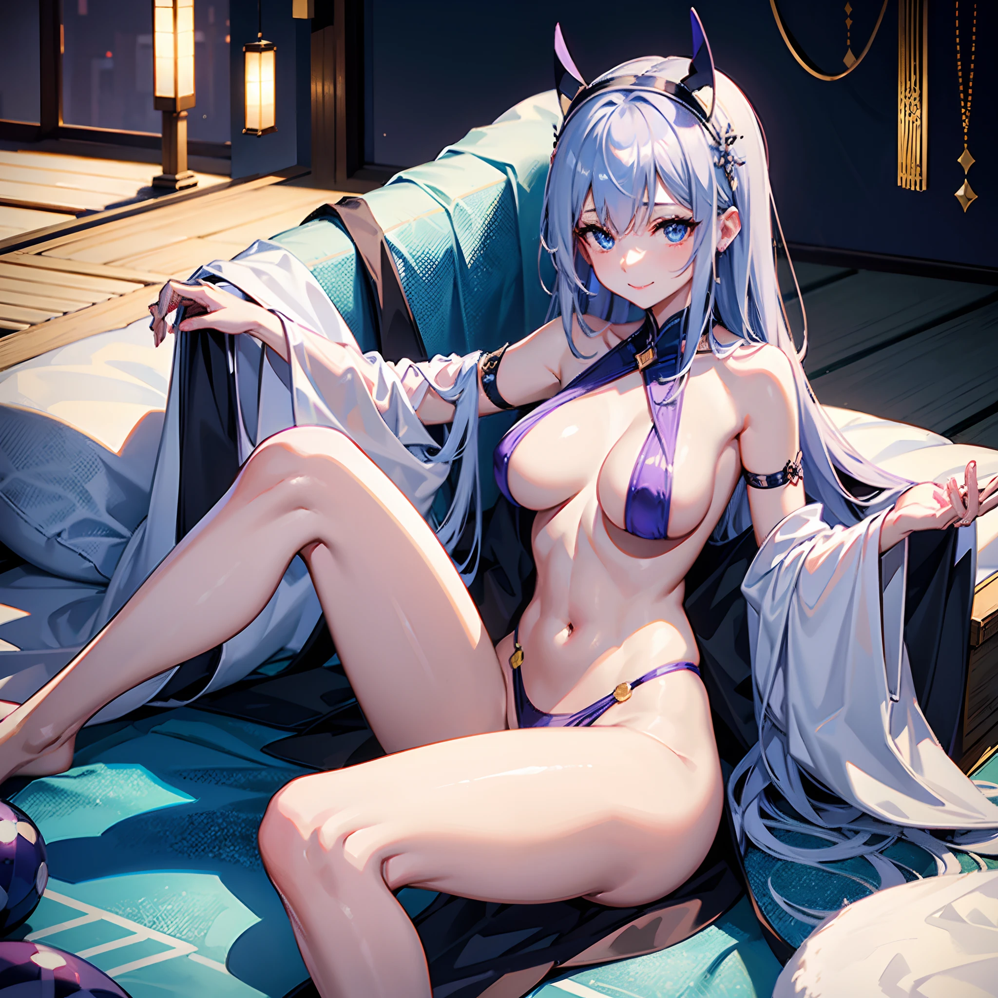 One naked 27-year-old woman relaxing on futon in Japan inn、White lob hair with blue-violet mesh、Blue eyes with highlights、Looking at me with a smile、Large witch hat with sapphire accessories、nudde、fullnude、B cup breasts、toppless、bottom less、R-18、Eromanga、Hentai anime、nipple looks,Long Bob Hairstyles、I'm not wearing anything、not wearing anything、I can see the female genitals、she is inviting、she is seducing,temptation,I'm seducing you by spreading my crotch
