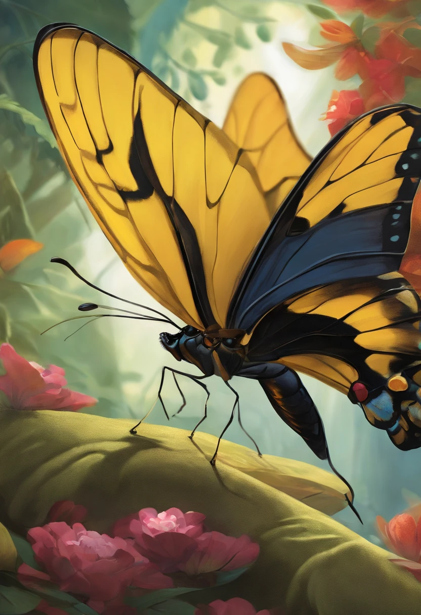 side view golden birdwing butterfly,comic book,children book,highres,detailed drawings,vibrant colors,playful characters,action-packed scenes,world of imagination,unique stories,adventure,creativity,fun illustrations,whimsical settings,exquisite details,expressive emotions,brilliant illustrations,powerful narratives,captivating storytelling,magical illustrations,vivid imagination,colorful panels,engaging storylines,fantasy realms,endless possibilities,inspiring artwork,beautifully illustrated pages,dynamic compositions,exciting plot twists,multidimensional characters,enchanting landscapes,expressive facial expressions,unexpected surprises,harmonious color palettes,playful typography,imaginative dialogue,transformative journeys,memorable moments,interactive illustrations,fun-filled adventures,joyful reading experiences,unforgettable heroes,delightful illustrations.