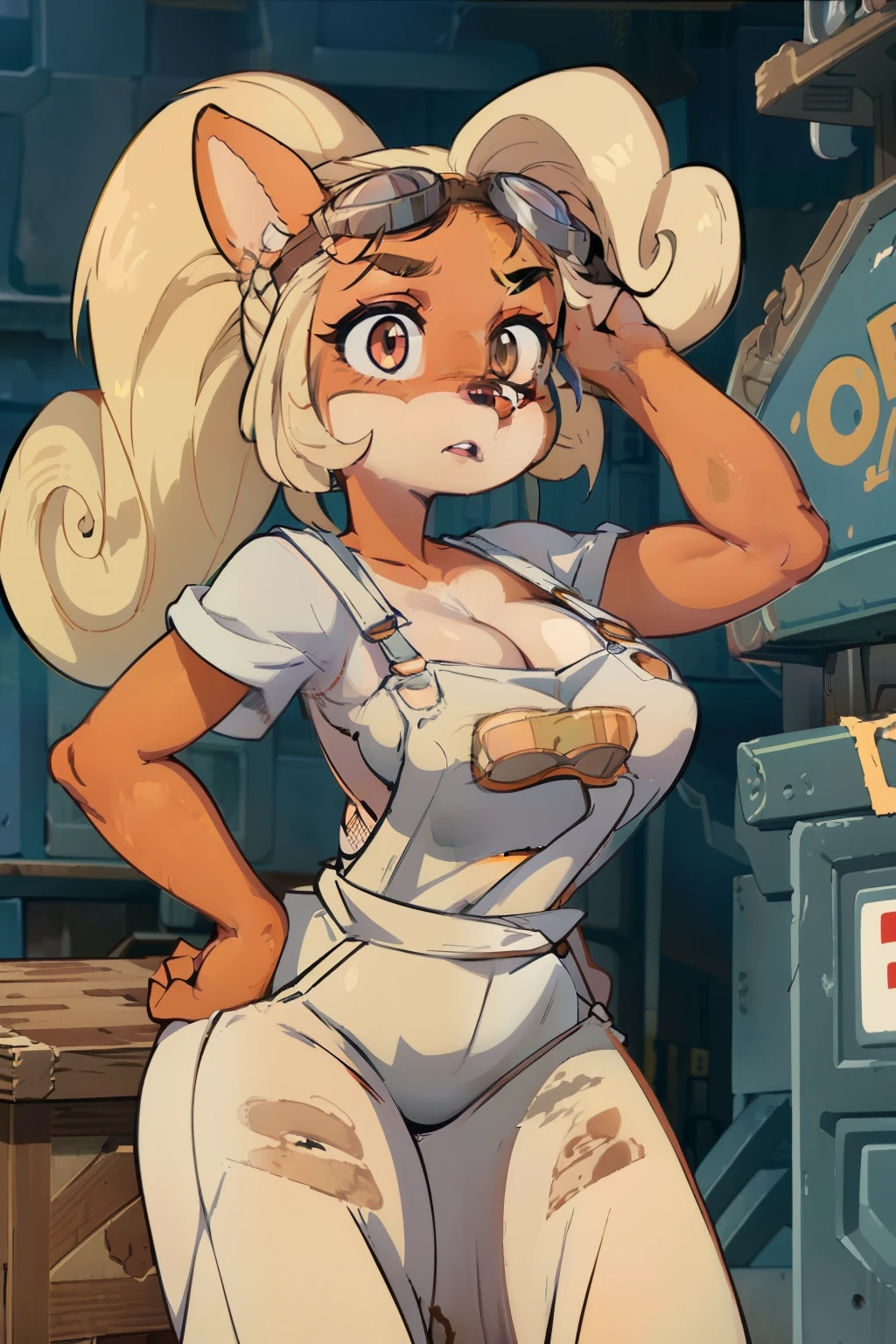 coco, furry, female, masterpiece, beautiful, white shirt, overalls, goggles on head, dirty, covered in grease and dirt, dirty skin, dirty clothes, working in a mechanic shop, gears and machine parts in background, wiping brow, ponytail, big boobs, cleavage, thicc, massive breast