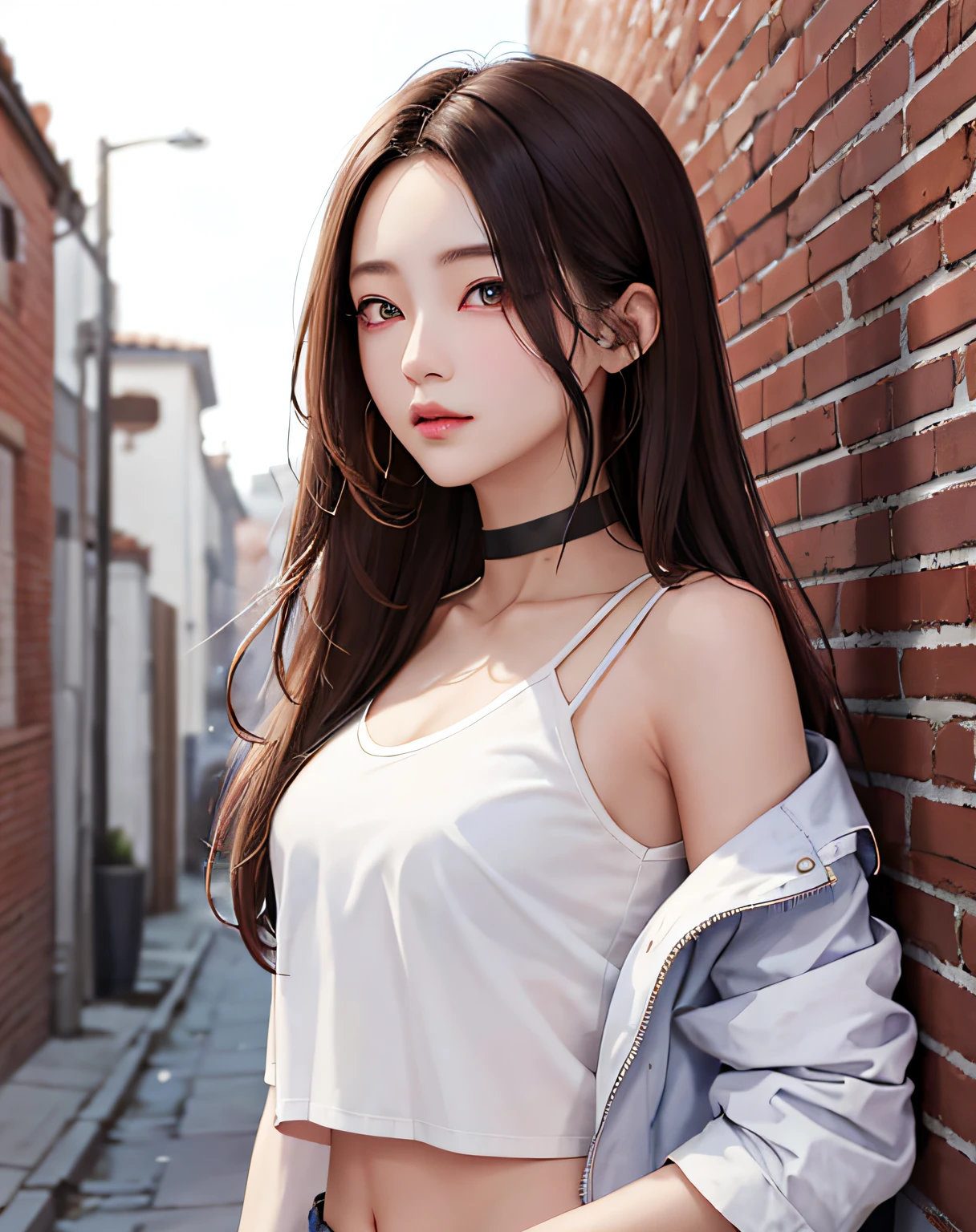 (masterpiece、top-quality、1girl in、独奏、intricate detailes、chromatic abberation)、realisitic、((Medium Breath))、length hair、Brown hair、Hair above one eye、a purple eye、耳Nipple Ring、sharp eye、a choker、Neon Shirt、Open jacket、croptop、(symmetrical eye)、(perfect symmetrical body)、walls、Brick wall、Dim lighting、alleyway、Watch your audience