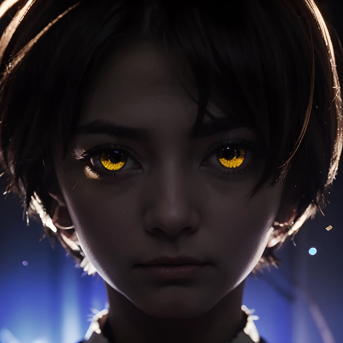 works, works, works, high quality, 1 boy, solo, male focus, eyes (pupil black, iris yellow, sclera white), black light, from above, adult, 27 years old, dashing, dramatic expression, extreme expression, scary expression, dark expression, bottom view, intimidation, pressure, caution, adult, cool, kiyotaka Ayanokoji