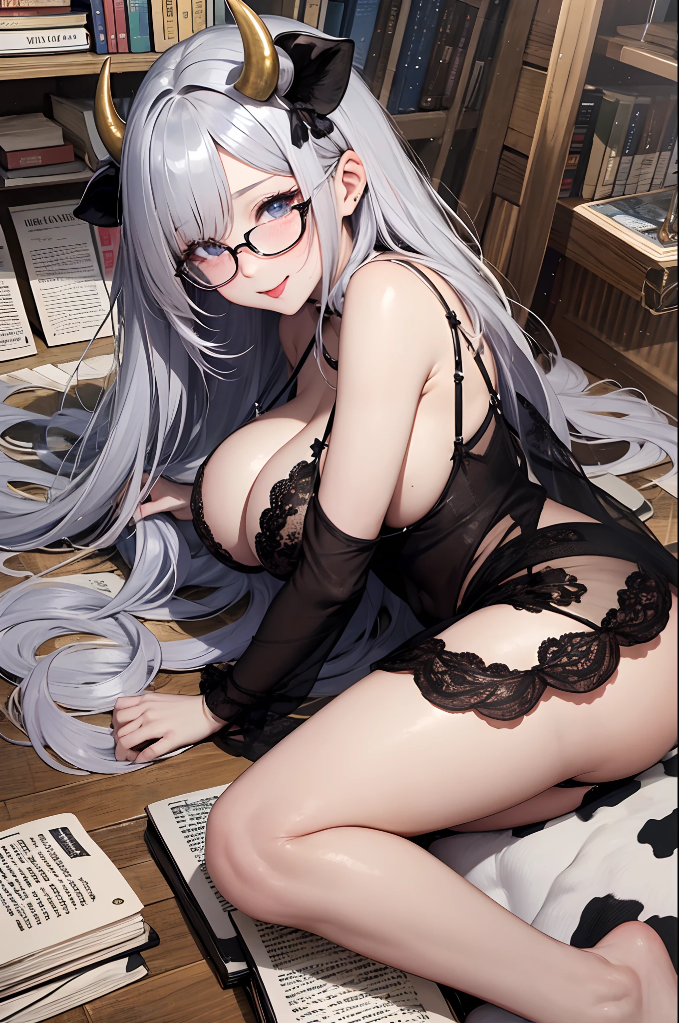 16K Ultra High Definition
Super detailed
Masterpiece Full Color
Shiny detailed hair
Beautiful human woman with long gray hair
Super big breasts beautiful breasts、Sleeping on the floor、Super big ass facing the camera、The floor is large、The floor is strewn with books、
Sexy little underwear with black and white cow print
Cow ears and cow small horns
Shiny skin
Red cheeks
Moist eyes and embarrassed expression
Wearing glasses
tongue、Seduce with a bewitching smile
The background is the library