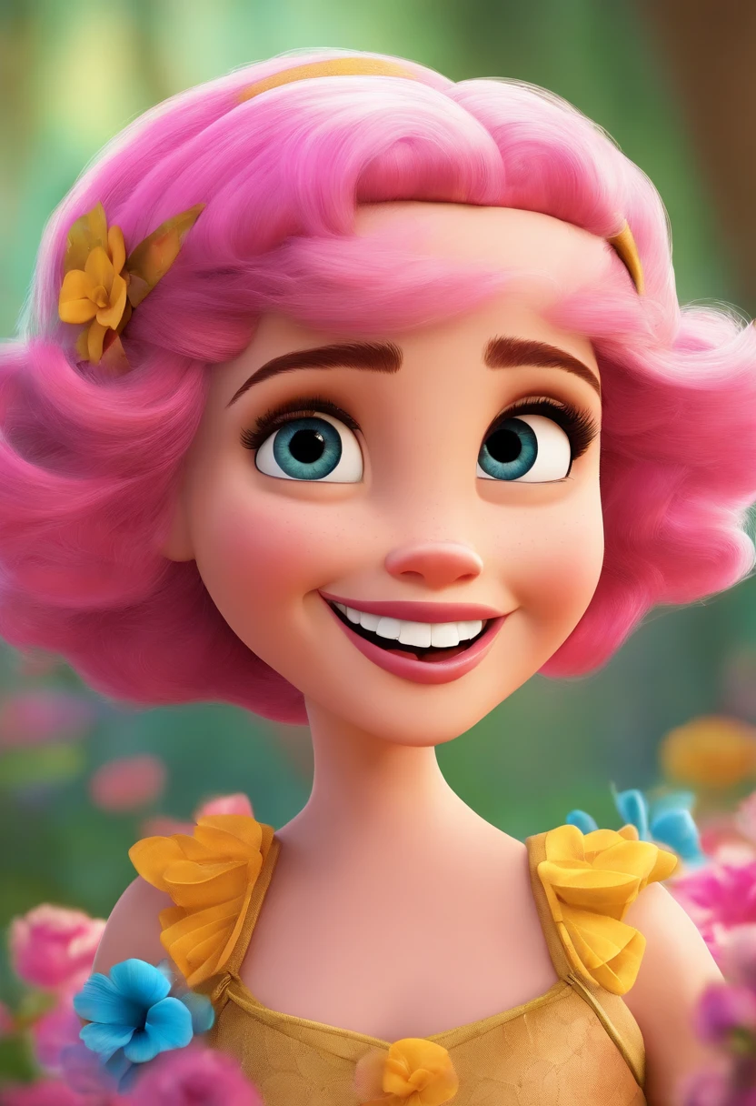 Disney Pixar-inspired movie poster with the title "JUDITH". gata magra branca com orelha esquerda e cauda pretas, With happy smile and pink bow on her head. The scene should be in the distinct digital art style, with vibrant colors and detailed textures characteristic of animations