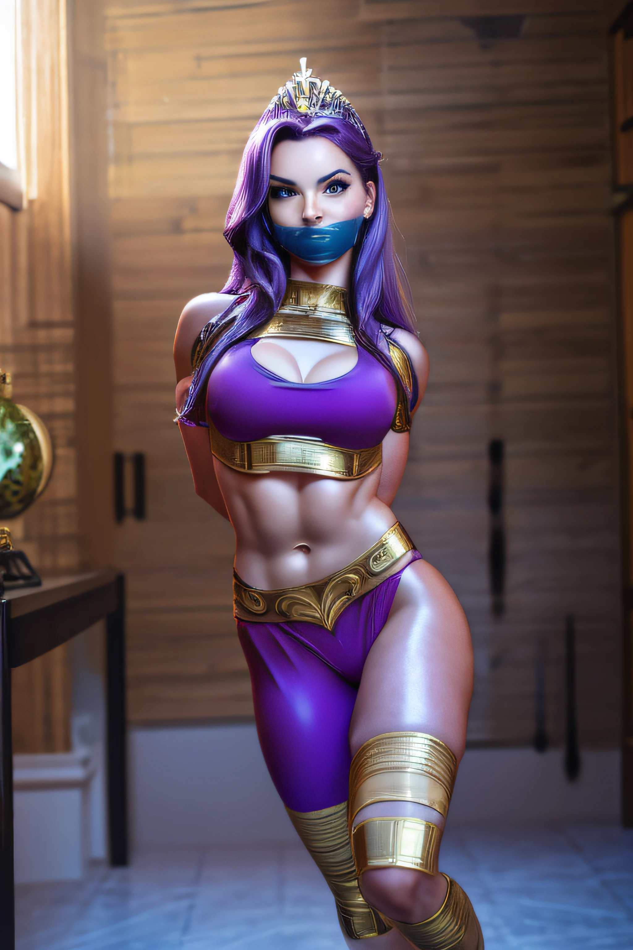 ( Masterpiece, 4k resolution, ultra-realistic, very detailed) sexy Aphrodite, purple hair with cosmic Ancient Greek armor, wears a tiara with a heart in the center, midriff has the Venus symbol on her abs full body in the style of realism, glistening skin, , natural lighting, Defined full lips. fitness feminine body. portrait photography by artgerm, in the style of realism, glistening skin, , natural lighting, Defined full lips. Muscular fitness feminine body, (tape gag)