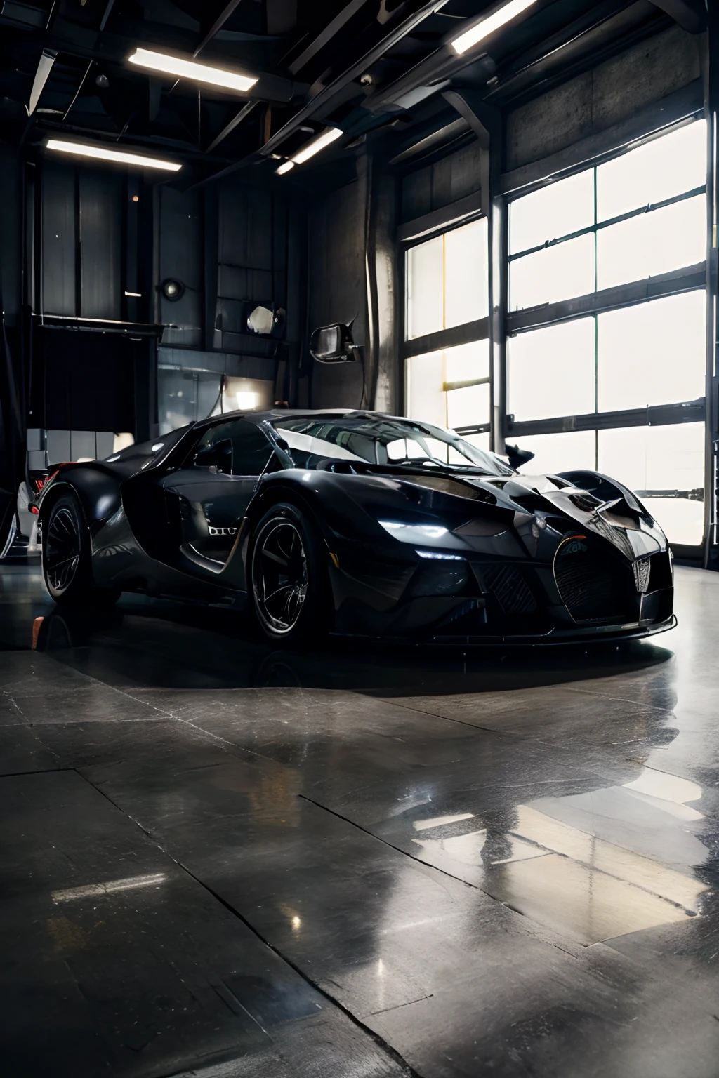 Masterpiece:1.2, Best Quality), Realistic, (real picture, intricate details, Depth of field:1,8 ),beste-Qualit, 4k, 8K, shot on Hasselblad XCD 4, Old Bugatti Sports Car, Black Shiny, with a thin yellow stripe along the body, Stands in a hangar with artificial lighting, There are large concrete slabs on the floor