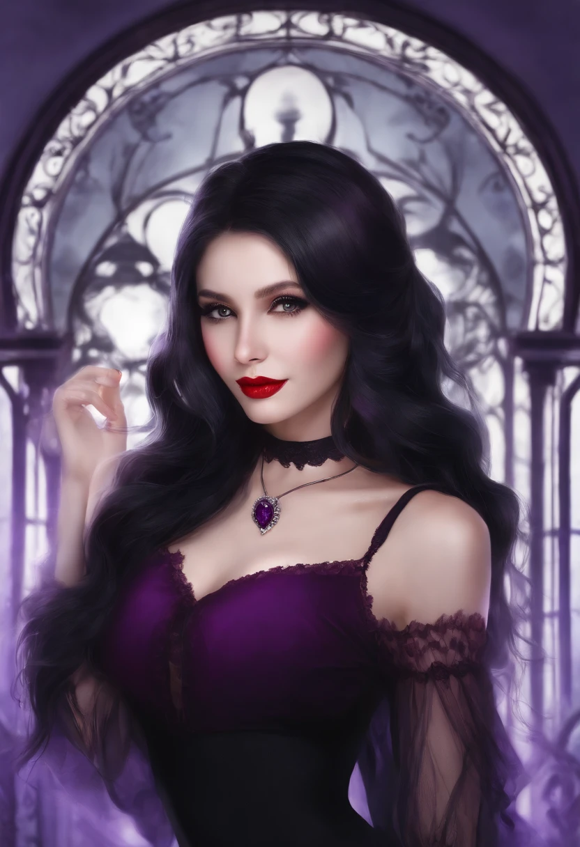 realism; black lace dress; gothic; straight hair; long black hair; beautiful eyes; beautiful, red lips; brown eyes; background with fog and violet flowers